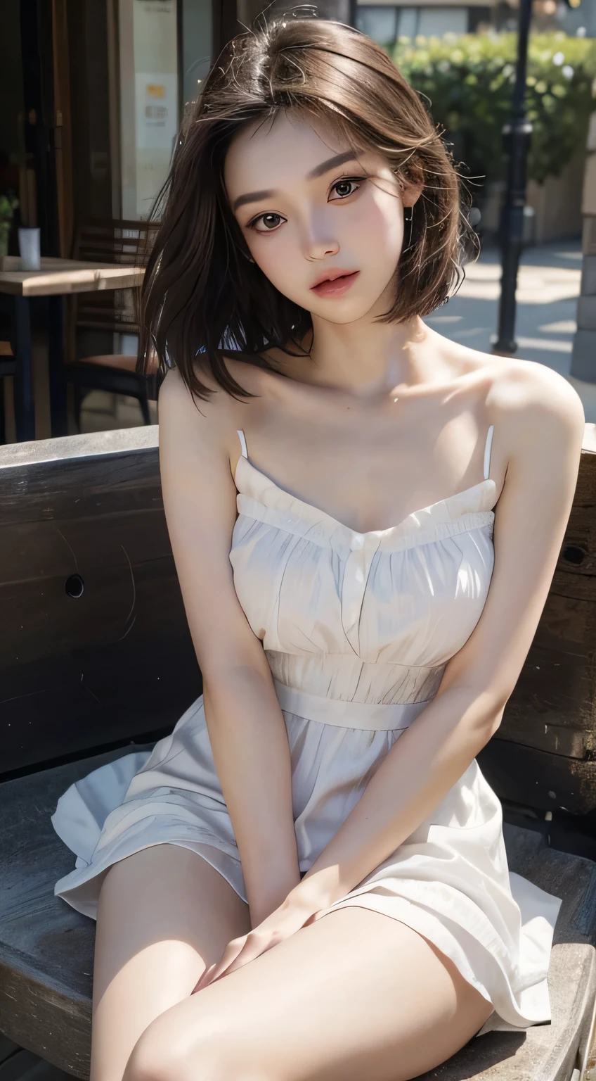 (filming:1.2)、(realistic:1.4)、(masterpiece:1.3)、(top quality:1.4)、Ultra high resolution A、(delicate eyes)、(detailed facial features)、(Detailed costume features)、8K resolution、focus only、forehead、double eyelid、beautiful lips、big bust, long hair, strong legs、(slim girl)、(Korean woman)、1 girl、slim beauty:1.3、brown hair、delicate hair、、distance、realistic body、White skin、glowing skin、slim body、(Short hair:1.2)、(forehead: 1.2)、Bruises and ugly faces、Cute face、Vivid faces、delicate body、thighs thighs thighs thighs、(detailed cafe)、coffee、(pure white dress)、looking at the camera、Terrace Seating、((sexy pose))、nice lighting
