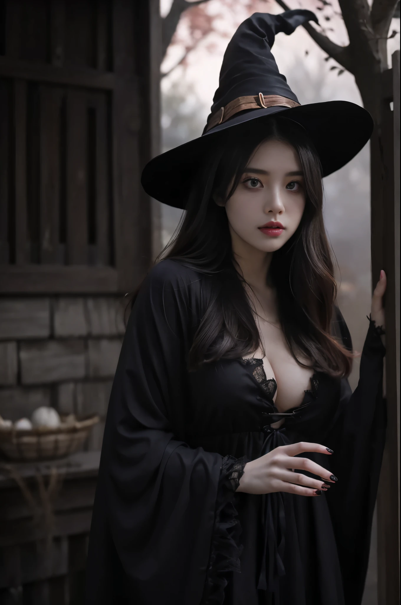 one young girl,(witch costume:1.4),(5 dainty fingers,delicate hands,pink nail polish),House with spooky Halloween decorations,Super detailed,realistic:1.2,sharp focus,bright colors,studio lighting,horror,portrait,mysterious atmosphere,Luminous pumpkin,Creepy Spider,witch hat,Scary masks,Haunted Furniture,Dark and eerie shadows,Moonlight shining through the window,ghostly ghost,witchのほうき,foggy atmosphere,witch'cauldron,Bats flying in the background,Walls covered with cobwebs,Magic Spellbook,orange and black color scheme,The eyes of a mysterious girl piercing through the darkness,mix 4, (big breasts:1.2),(Create a sexy posture:1.3)