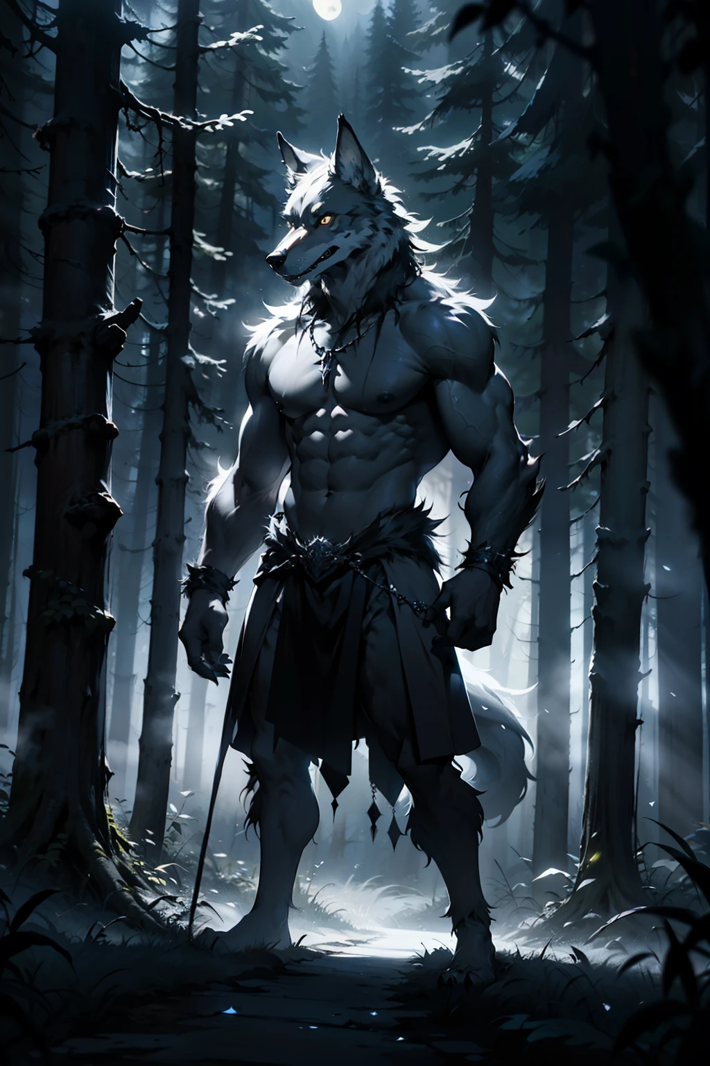 In a haunting double exposure analog photograph, an immaculate peculiar werewolf is captured in exquisite detail. The main subject of the image is a stunning werewolf with silver fur and piercing yellow eyes, standing amidst a misty forest background. This high quality photograph showcases the intricacies of the werewolf's fur, each strand glinting in the mystical moonlight. The supernatural creature exudes an air of elegance and mystery, its stance regal yet poised for action. This mesmerizing image invites viewers to delve into the fantastical world of werewolves and magic.