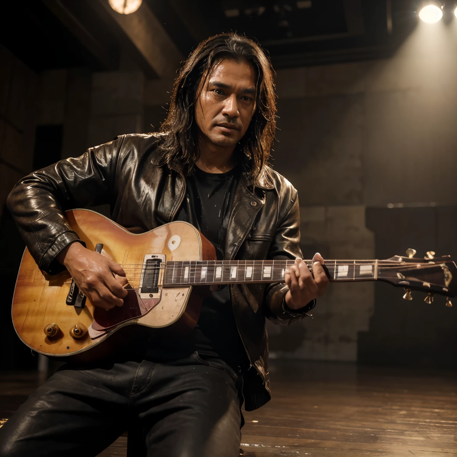 8K, Best Quality, Masterpiece, Ultra High Resolution, (Realism: 1.4), Original Photo, (Realistic Skin Texture: 1.3), (Film Grain: 1.3), handsome Indonesian man aged 45 years, shoulder length hair (wet), wearing a jacket leather, playing a Gibson Les Paul guitar, the stage background and lighting are red