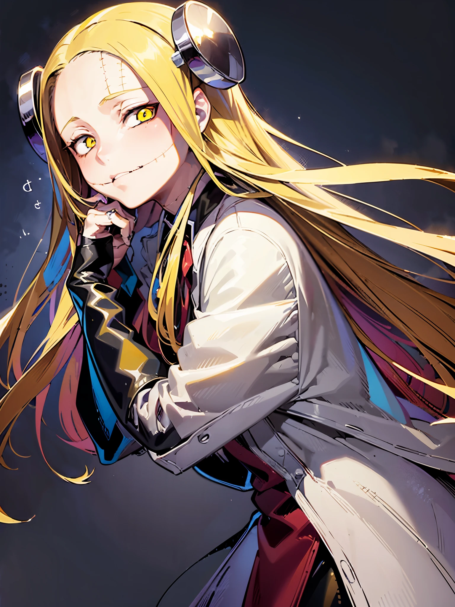 Madaraki_Fran,Young woman ,costs,preoccupied,Crazy ,a surgeon ,Holds out his hands,worries about the patient, long hair , yellow hair,Seams , Scars on the body , Creepy look , scary eyes , Intimidating look , Creepy smile , bags under the eyes, ((((tired)))), background
