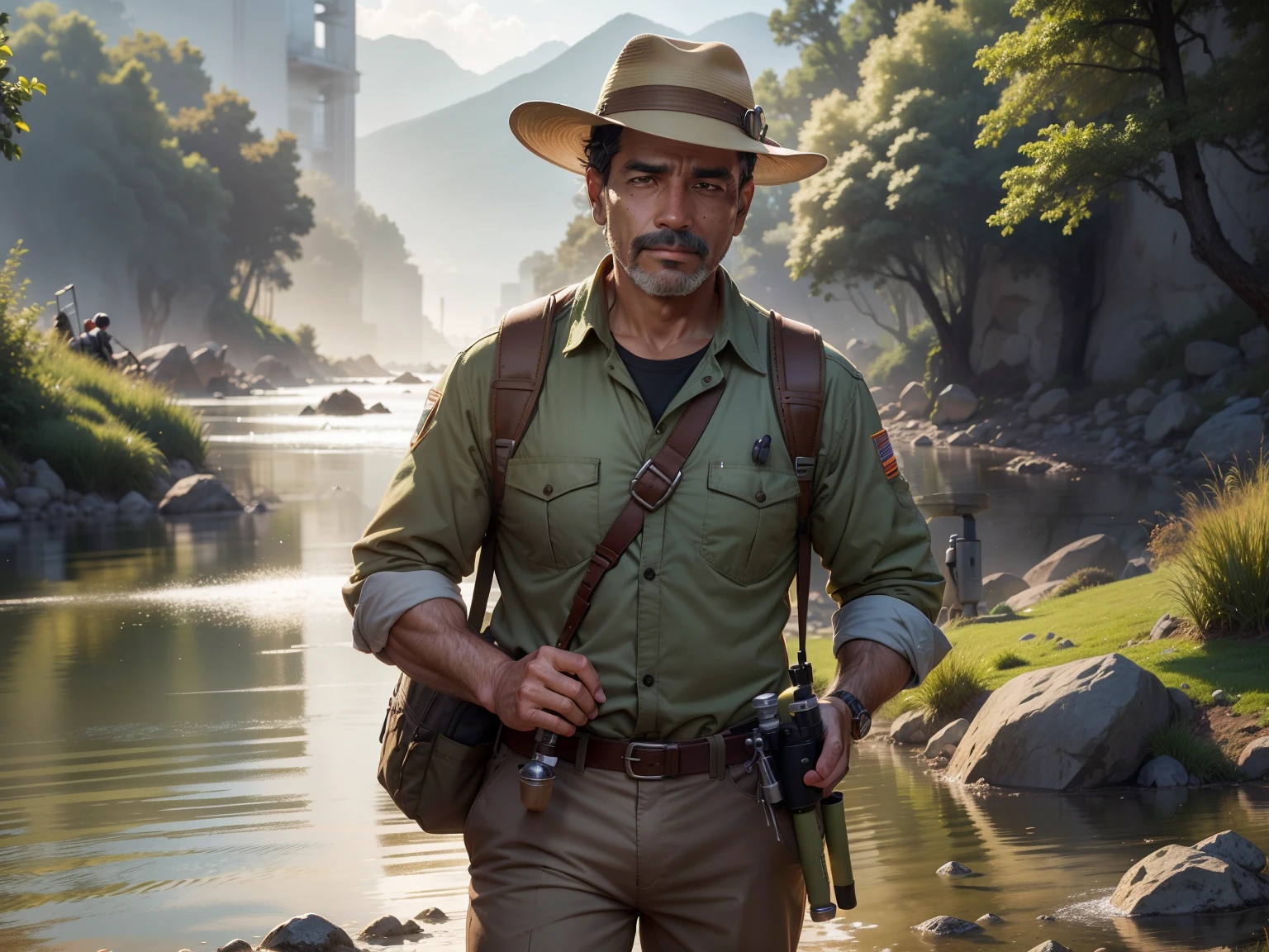 In the heart of a lush riverfront landscape, a dedicated geologist named Dr. Rivera, around 45 years old, is deeply engrossed in his exploration work. With a weathered hat shielding his sun-kissed face, he meticulously examines a sample from the earth, his keen eyes scanning for the tiniest details.
His attire is practical, with worn khaki pants and a long-sleeved shirt, always ready for unexpected discoveries in the field. A bag full of tools, including a magnifying glass and a compass, hangs over his shoulders. In the background, a crystal-clear river runs gently, reflecting the sun's