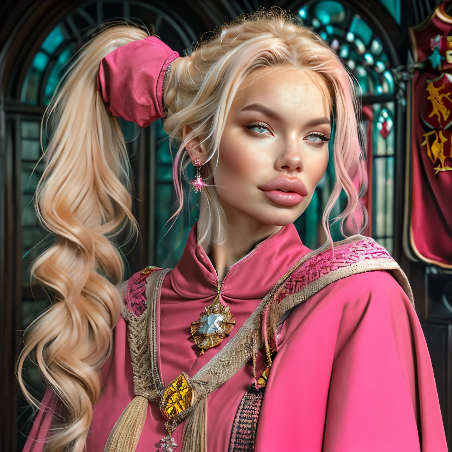 (masterpiece, best quality, blonde woman, big hair, huge ponytail, oversized breast, pouting,,(pink gryffindor uniform), amazed (bimbolips) in style of ruby and diamond, j_gemstone, fantasy, academy
