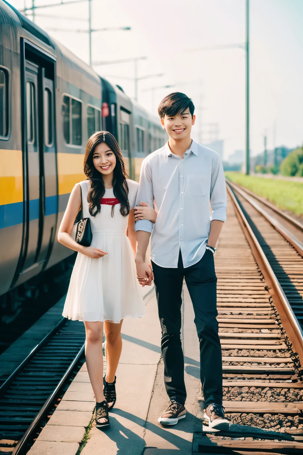 Create a realistic young couple image background should be train