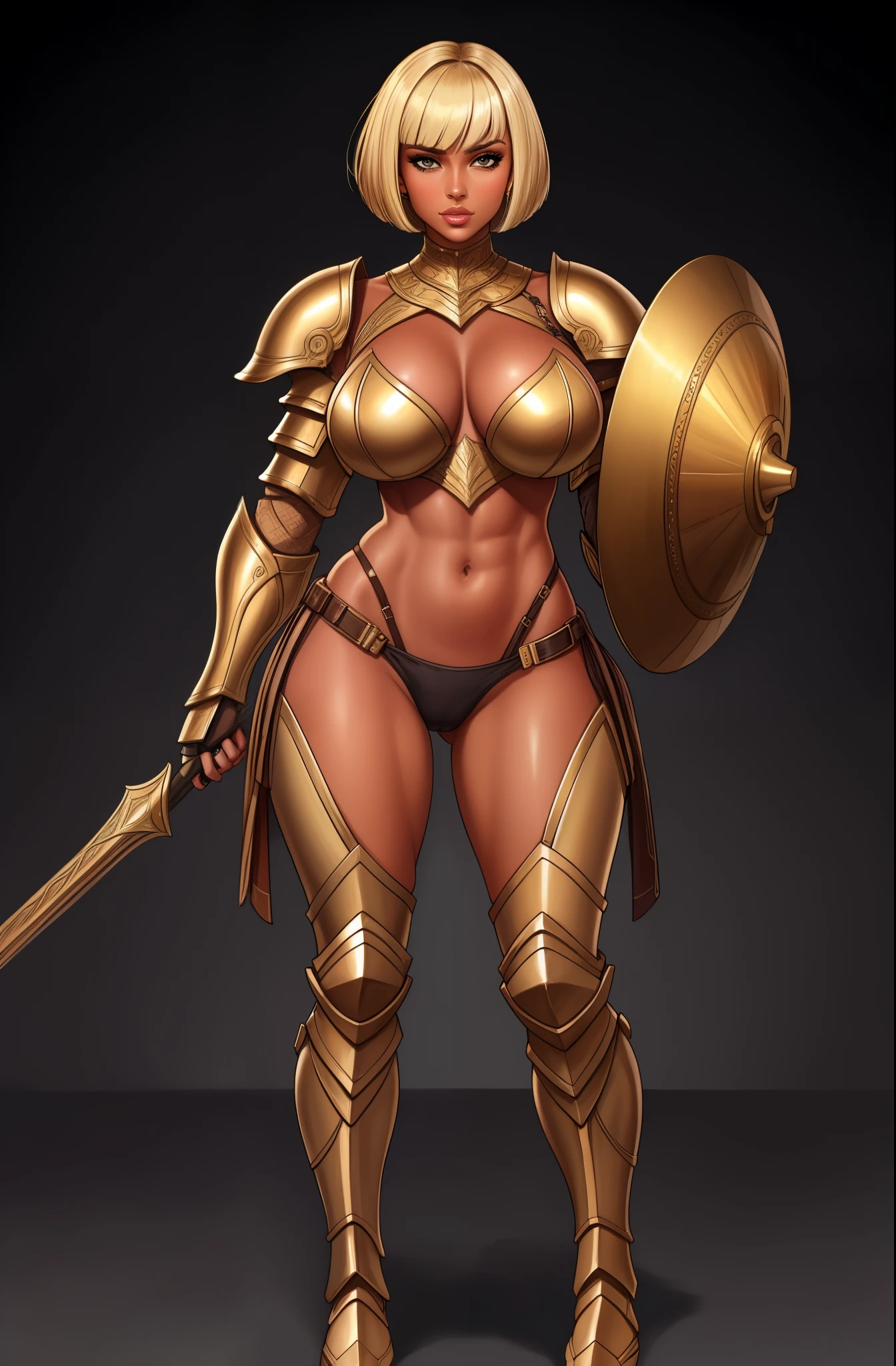 bronze skin, tanned, gorgeous woman, full body shot, muscular, blank background, black background, blonde, heavy armour, bobcut