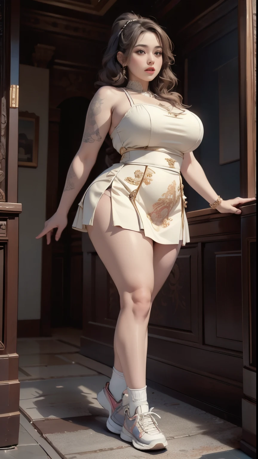 ((best quality)), ((masterpiece)), (detailed), perfect face, ((best quality)), ((masterpiece)), (detailed), perfect face, wanita chubby dewasa, wearing thight dress and thight skirt, chubby cheeks, chubby arm, chubby thighs, big breasts, wearing a sneakers, medium hair style, full body photoshoot, tattooed body , walk pose in a dark room , tattooed all over hands, slightly fat arms , fat thighs 