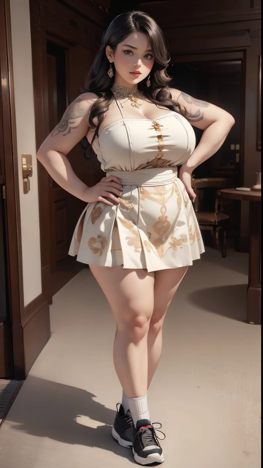 ((best quality)), ((masterpiece)), (detailed), perfect face, ((best quality)), ((masterpiece)), (detailed), perfect face, wanita chubby dewasa, wearing thight dress and thight skirt, chubby cheeks, chubby arm, chubby thighs, big breasts, wearing a sneakers, medium hair style, full body photoshoot, tattooed body , walk pose in a dark room , tattooed all over hands, slightly fat arms , fat thighs