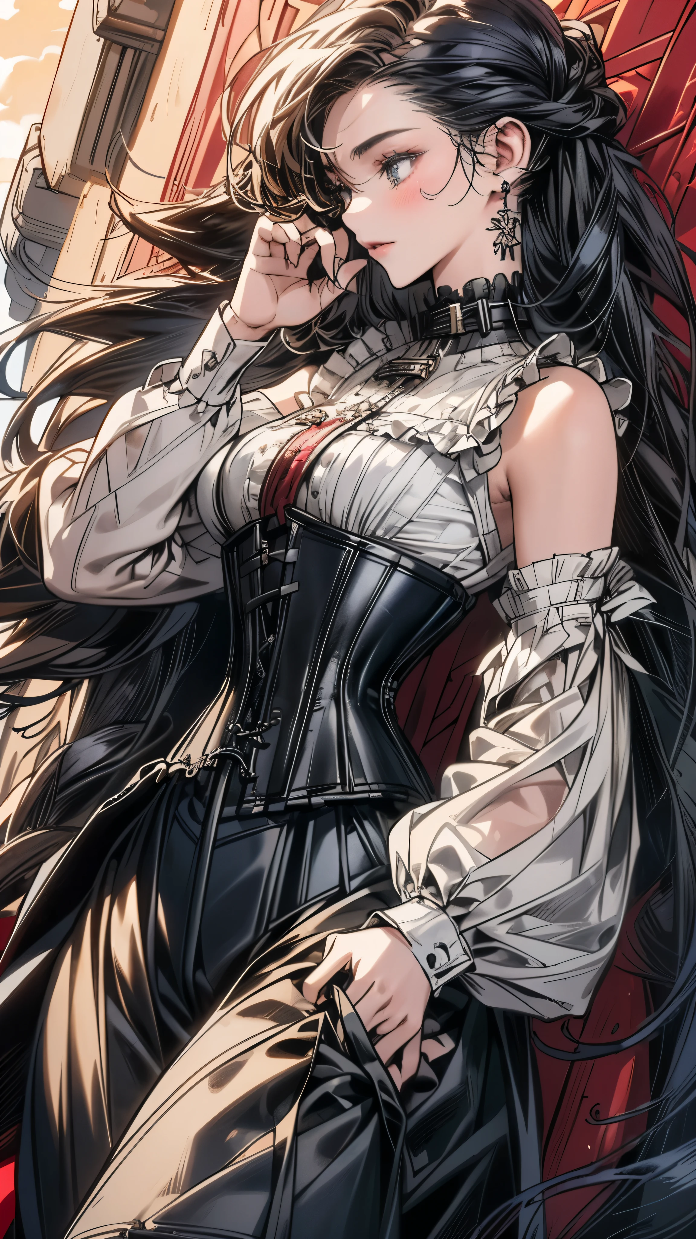 (((masterpiece)))、((highest quality))、(Super detailed)、(CG illustration)、(so beautiful ))、cinematic light、(((1 Mechanical Girl)))、 SF、Apocalypse、erotic grotesque、(beautiful and luxurious:1.2)、(1 girl:1.3)、facing the front, (double breasted,under bust:1.2), gap between buttons,(((corset belt))),(((high waist mile
