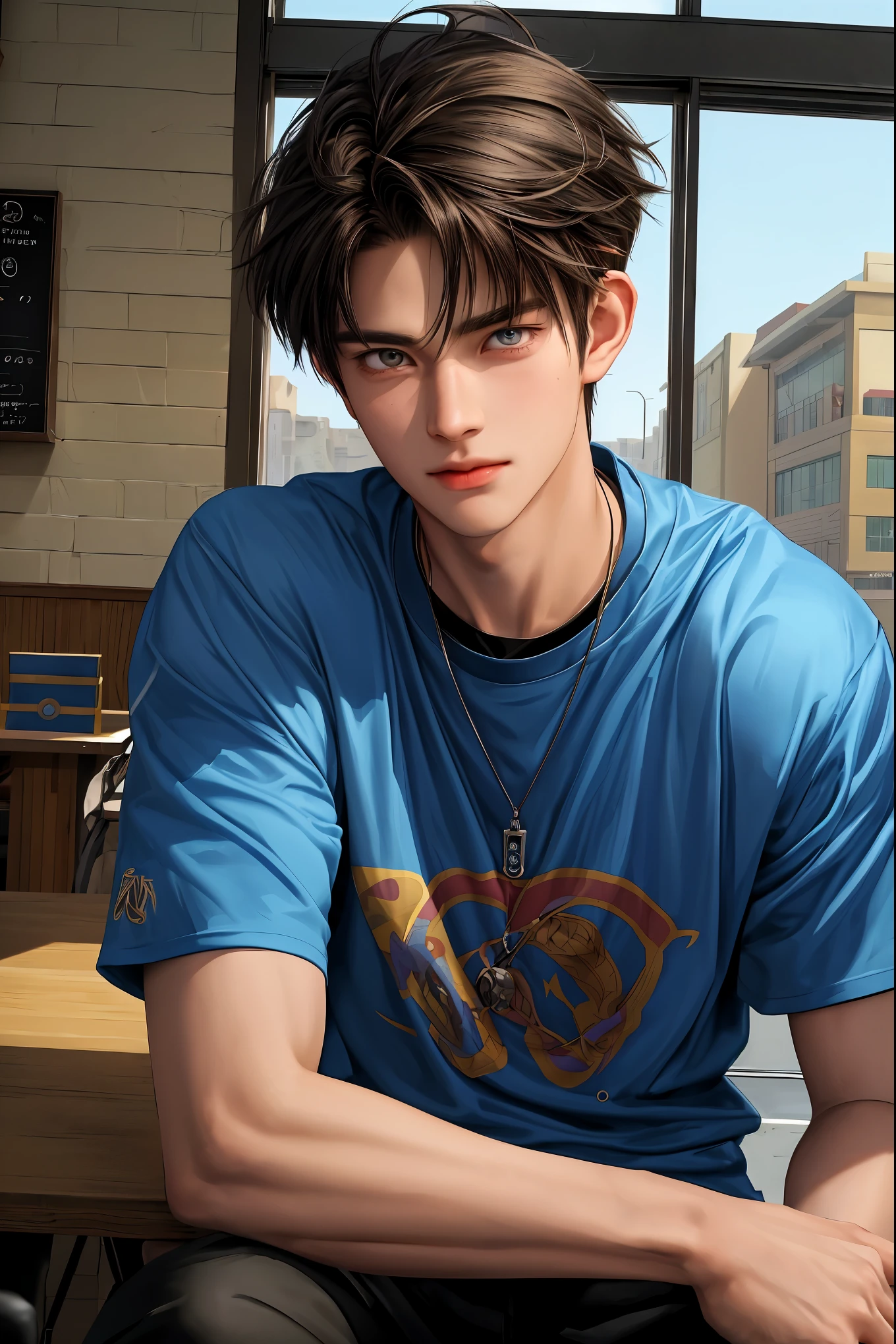 absurdres masterpiece colorful high quality a close up of a male character in Retro PC Game: Ragnarok Online, cool looking guy, anime eyes, detailed face, happy facial expression, town of prontera, sporty themed or office themed or school themed in coffee shop or shopping mall, modern young guy look, short hair side bangs , detailed outfit, detailed scenery
