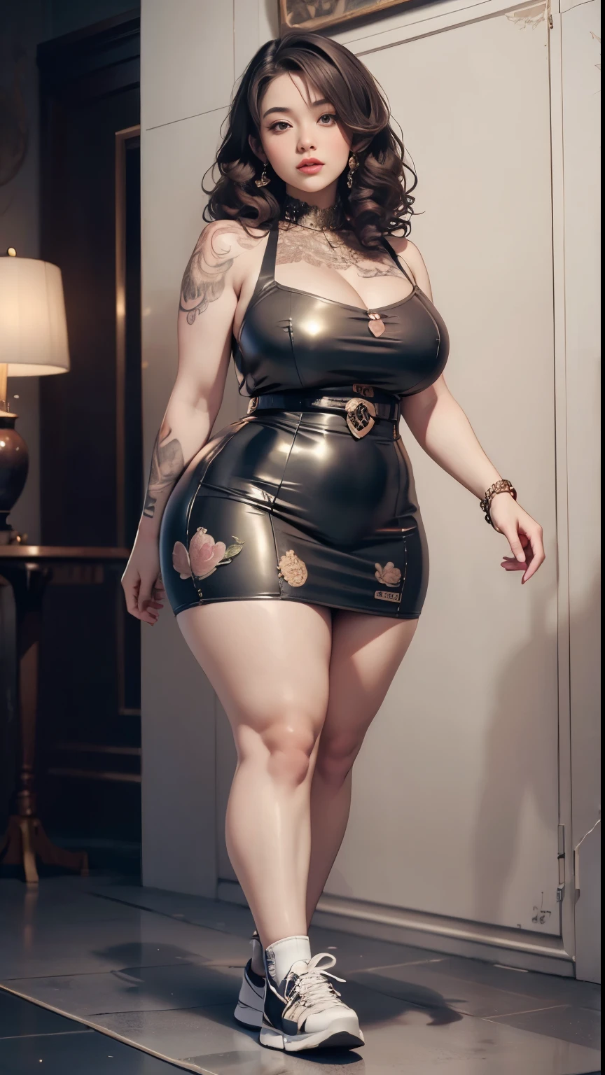 ((best quality)), ((masterpiece)), (detailed), perfect face, ((best quality)), ((masterpiece)), (detailed), perfect face, wanita chubby dewasa, wearing thight dress and thight skirt, chubby cheeks, chubby arm, chubby thighs, big breasts, wearing a sneakers, medium hair style, full body photoshoot, tattooed body , walk pose in a dark room , tattooed all over hands, slightly fat arms , fat thighs 