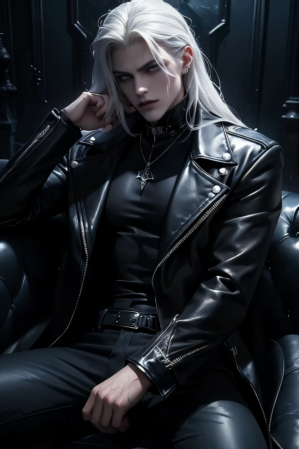 (Best quality)), ((masterpiece)), (detailed), ((perfect face)), ((halfbody)) perfect proporcions, He is a handsome vampire, he is a handsome boy, he is 18 years old, badass, he has long white hair, gothic makeup, he is on a motorcycle, he wears black leather ((perfect face)) vampire ambience