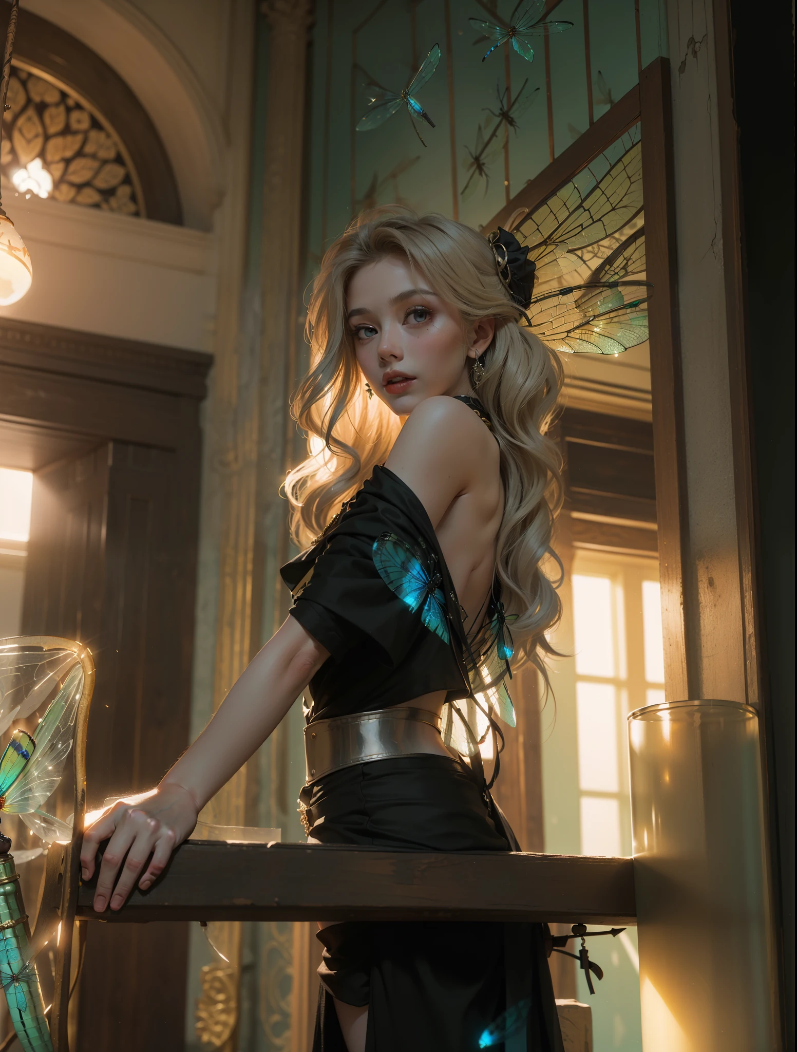 as (Numerous award-winning masterpieces, with incredible detail, Texture and maximum detail), (full body standing figure:1.8), (Upper body upward:0.3), (hyper actual:1.4), (actual:1.3), (best quality real texture skin), (Beautiful fairy high wizard: 1.7), (Holding a beautifully decorated、A long wizard's staff that radiates a mysterious light: 1.7), (Delicate, round and symmetrical eyes), (Carefully drawn beautiful face), ((medieval world)), (Wearing a wizard's black hat: 1.6), (Pitch-black cloak with elaborate decorations: 1.6), (Cloak with elaborate decoration, although it is damaged and faded: 1.5), (full body standing figure:1.8), (beautiful clear eyes), (faint smile), (Beautiful colorful eyes full of joy), (Advanced fairy wizard who releases magic from his fingertips: 1.3), (Shining majestic cloud masses and sky:1.4), (A magic circle that emits intense light: 1.3), dramatic light, majestic sight, (Four, There are transparent wings similar to dragonfly wings behind the shoulders.: 1.9), (((fold wings))), Glass earrings on the ears, (((dramatic photos))), (full body standing figure:1.8), (blond hair), (silver hair), (chestnut hair), short hair, ((look up;Inquire)), ((look down)), (A beautifully crafted simple necklace hangs around her neck), Ancient ruins overgrown with plants, 伟大的temple, great cathedral, temple遗址, temple, (Glowing magic circle), Ruins of an ancient castle, abandoned ruins, crumbling ruins, Historic sites,water quality clear, Very detailed, ultra-actual, intricate details, (Artwork), ((masterpiece,best quality)), ((ish light)), hyper actual, scary, dark fantasy, divine light, epic actual, faded, ((neutral color)), Art, (high dynamic range:1.5), (pastel colors:1.2), Super detailed, (Art station:1.5), ish, warm light, Light effect, dramatic light, (intricate details:1.1), complex background, (Greg Rutkoski:0.8), (teal and orange:0.4),