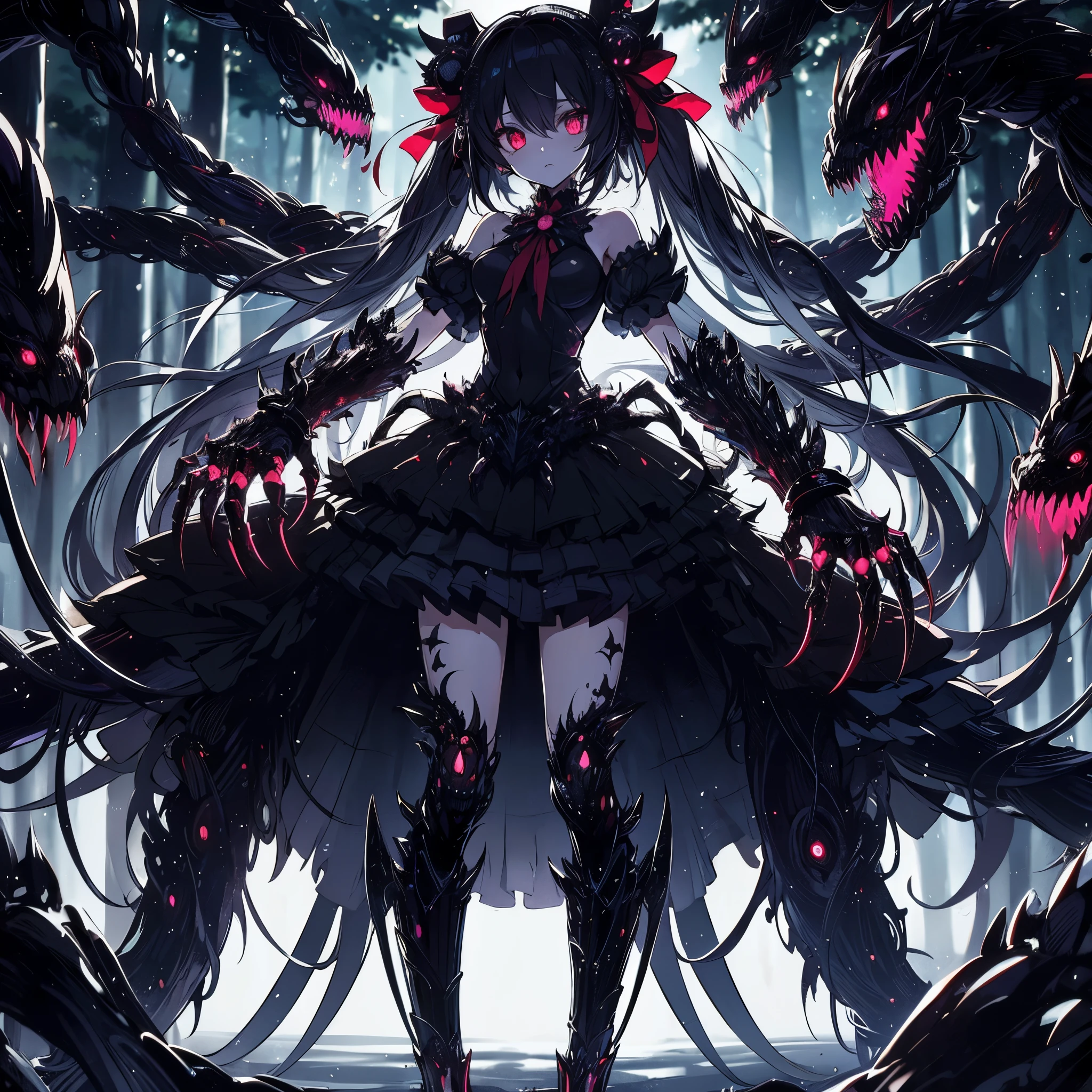 (masterpiece, Best Quality), (Perfect athlete body:1.2), (detailed hairs), Ultra-detailed, Anime style, Full body, Solo, Cyberpunk witch girl, in black magical girl dress, black hair, red eyes, limbs mutated and transformed into magical beast claws, shadows form the great jaws of the beast, standing in a forest at night, 8k high resolution, white background, whole body,