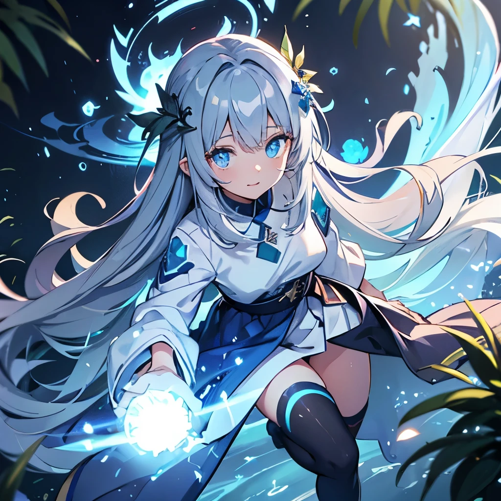 forest, blue fireball, dragon, blue aura, white T - shirt oversize, cinematic lighting, depth of field, add detail, detail eyes, blue aura eyes, glowing eyes, 1girl, young, thin body, long hair, grey hair, leaf hair ornament, blue ocean eyes, fireball, holding blue fireball, perfect legs, blur hetero, blue thighhighs, halo, hair ornament