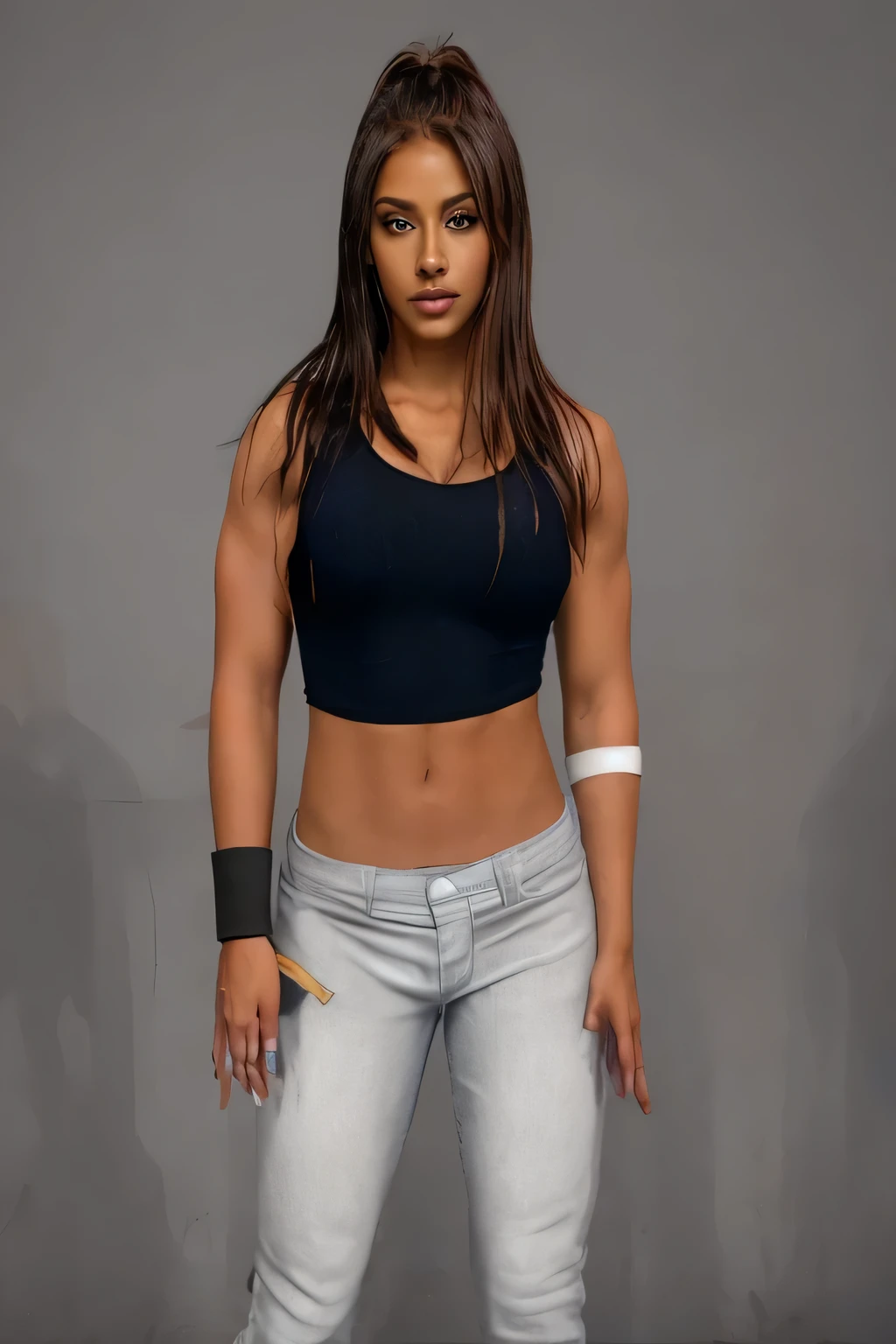((masterpiece, best quality)), beautiful black woman in a blue top and grey jeans white cloth armband black and wristband, brown dreadlock hair dark eye makeup female character, big breast muscular body, realistic face female wrestler , realistic fit curvy physique, muscular girl, fit woman, fully body photo, 2 k, 2k, strong woman, fighter pose, strong pose, female full body, bodybuilding woman, ( ( dark skin ) ), fully body pose, photo realistic, intricate details