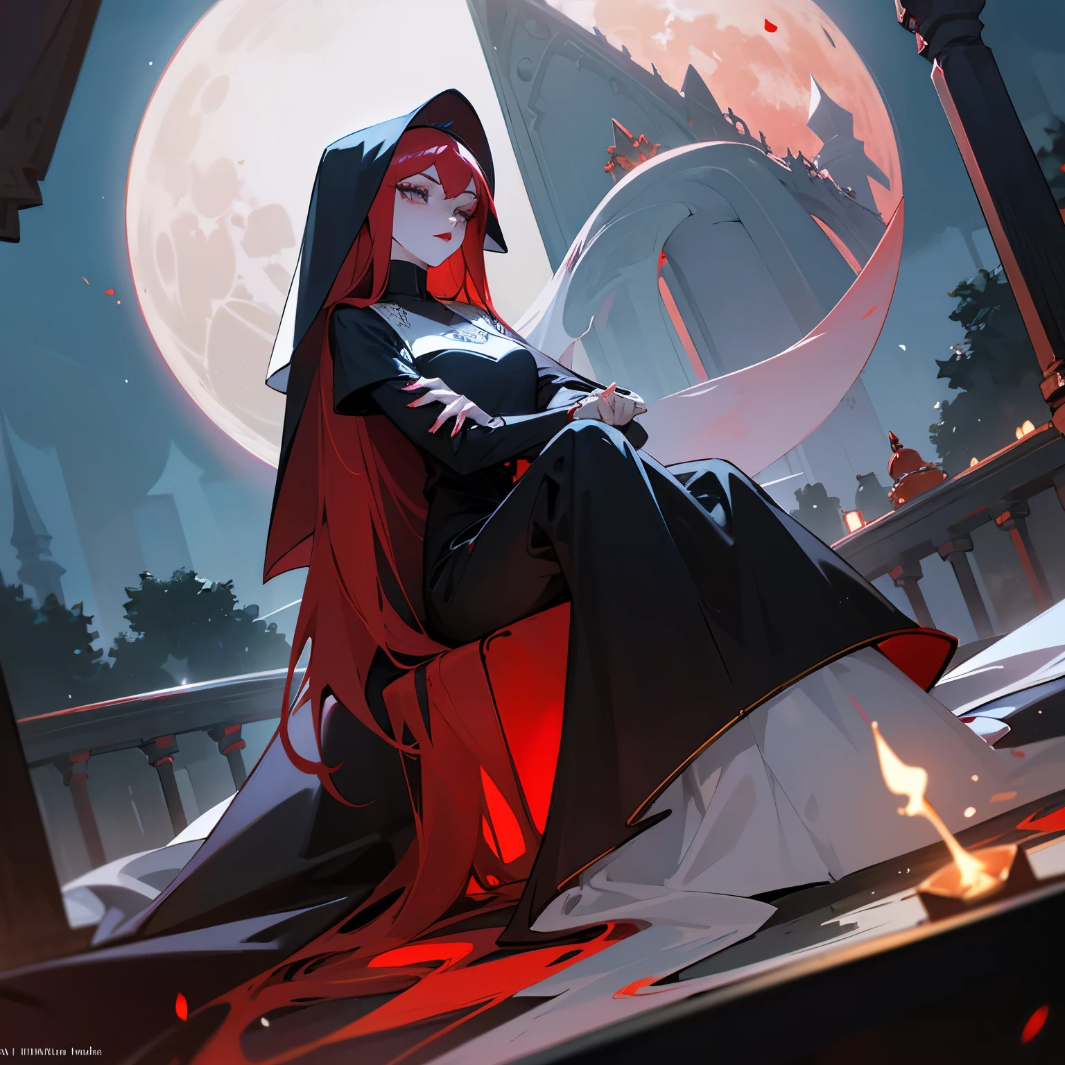 flawless porcelain white skin, red lips, long luscious lashes, fox like bluish grey eyes, long silky dark bloody red hair, hour glass like figure, Sexy black nun vestments, melancholic look, sitting in the garden under the moon lights 