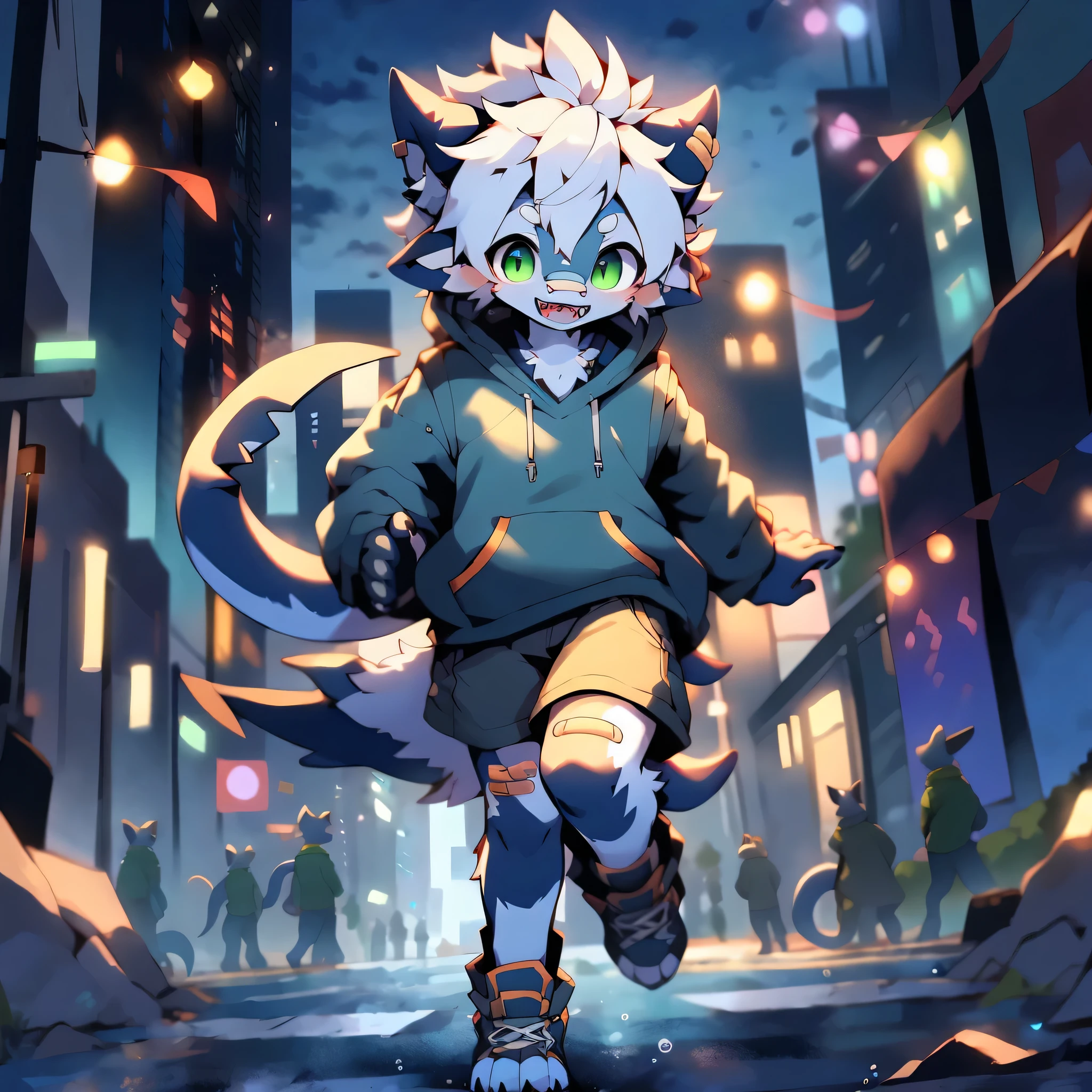 fish, ocean, 鲨fish, ankle ribbon, Humanity, OK Bandage, OK Bandage on face, OK Bandage on nose, big tail, biped, blue body, Blue bottoms, blue clothes, Blue nose, blue shorts, white hair, clothed, contented smile, counter shadow, curls, dipstick ears, Dipstick Thai, dorsal end, ear ends, fangs, end, endgers, fully clothed, green clothing, green eyes, happy, Hoodies, Kanno, long tail, looking at the audience, male, mark, messy hair, colorful body, colorful ears, no shoes, open mouth, open smile, paw, plant grade, running, 鲨fish tail, 鲨fish teeth cute, sharp teeth, alone, sweater, tail mark, Thick tail, toe, Jacket, white body, white counter shadow, street, City, (underwater,bubble), ultra high definition, masterpiece, precise, textured skin, Ultra-detailed, best quality, high resolution, 16k