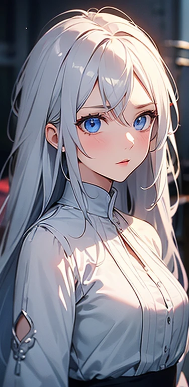 (8K、highest quality、masterpiece:1.2)、Super detailed、super resolution、Realistic、1girl、white hair、blue eyes、(eye focus:1.3,face focus:1.3,upper body:1.5),(gradient eyes:1.3),(blouse,No sleeve:1.3)、(clear face:1.3),cute face,portrait,
