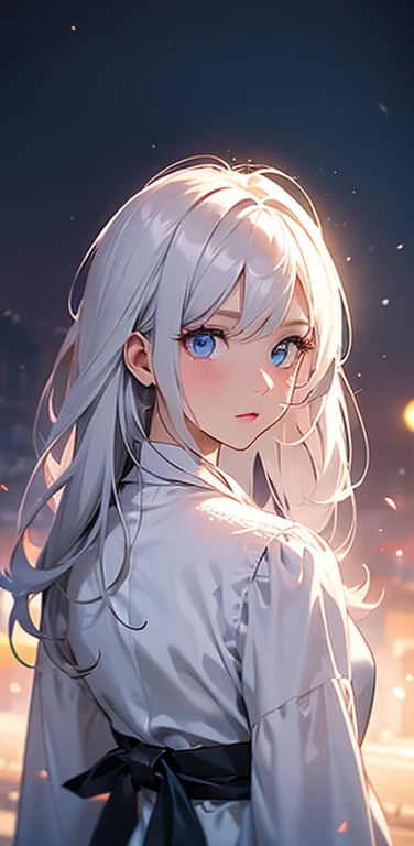 (8K、highest quality、masterpiece:1.2)、Super detailed、super resolution、Realistic、1girl、white hair、blue eyes、(eye focus:1.3,face focus:1.3,upper body:1.5),(gradient eyes:1.3),(blouse,No sleeve:1.3)、(clear face:1.3),cute face,portrait,