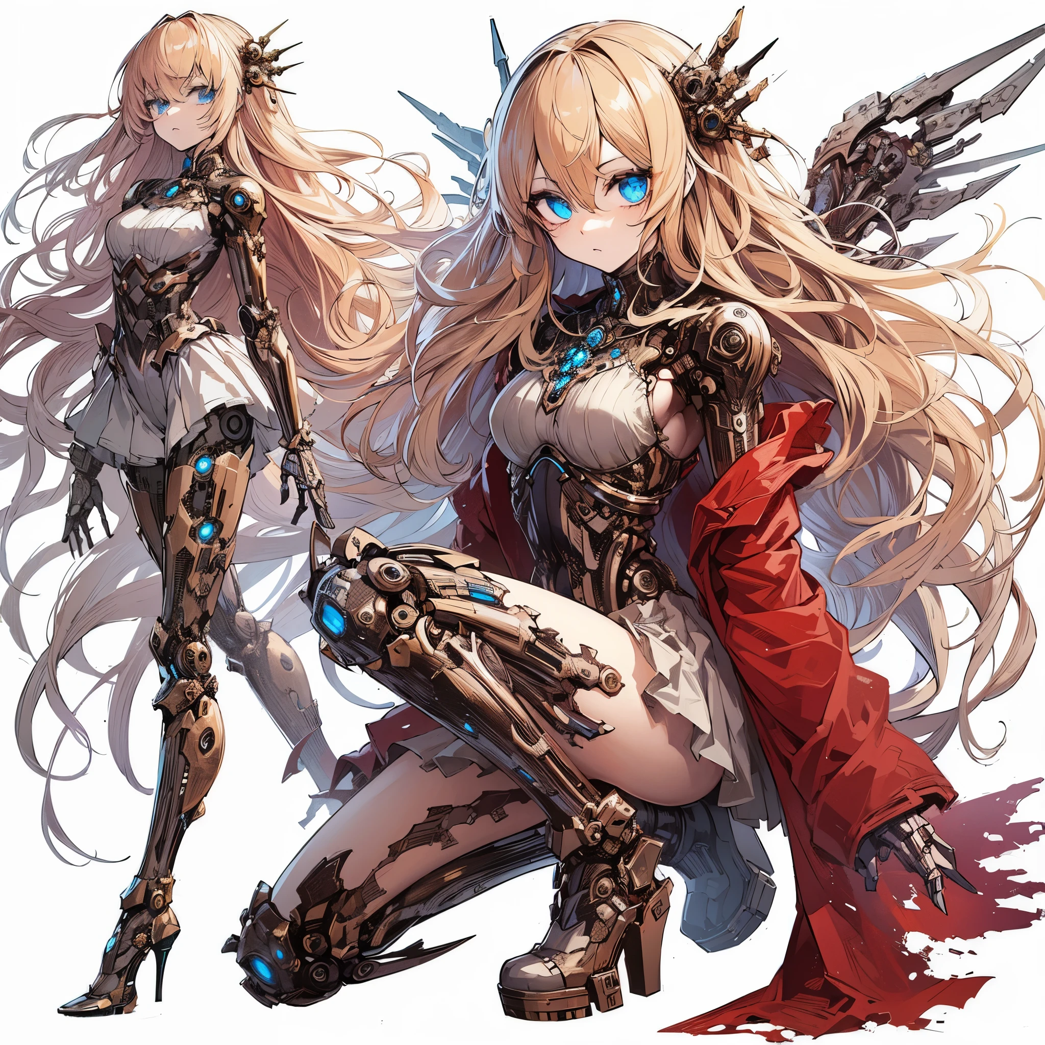 (Masterpiece, best quality), (detailed hair), ultra-detailed, anime style, full body of mechanical undead girl, pale gold hair and glowing ultra-blue eyes, pale steel skin, ragged red robe and fooded, high-heeled boots, digital painting, 8k high resolution, trending art station, white background, whole body, bodybuilder,