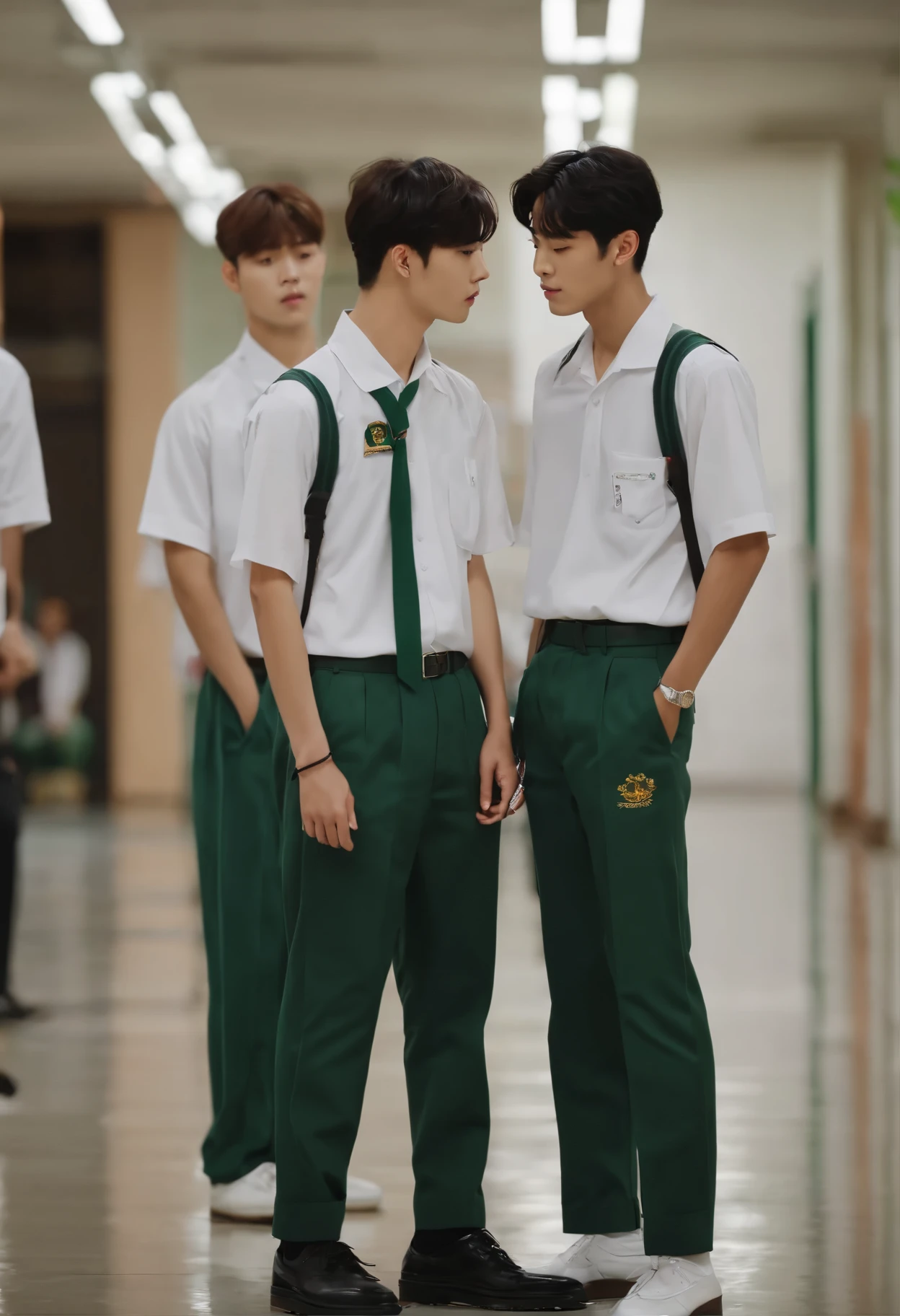 full body, mix of cha eun woo and rowoon korean actor wavy short hair, wearing white shirt and long green pants school uniform, standing in the school corridor, talking to his Mexican classmate