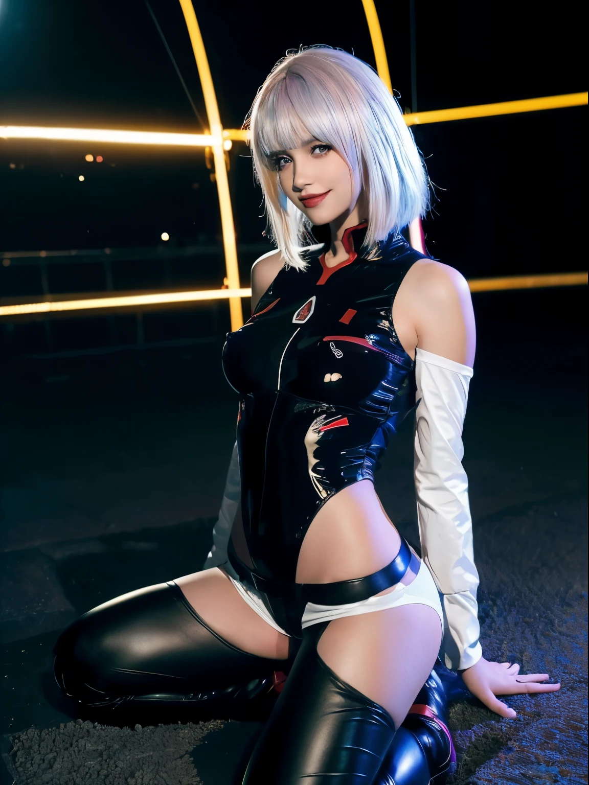 ((Obra maestra, high resolution:1.4), Lucia_ciberpunk, (ciudad futurista en la noche, neon lights:1), (de cerca:1.2), (sonrisa sexy:1.5) (1 chica), pelo corto blanco, golpes, ((delineador de ojos rojo)), ((constituir)), labios rojos, chaqueta blanca con hombros descubiertos, mono negro, Hombros descubiertos, shorts blancos, hip vent, muslos negros, piel muy detallada, poros de la piel, (cara muy detallada:1.2), ((orgasmo )), (ojos muy detallados:1.2), Realista pupils:1.2, rubor de cara completa, cuerpo completo, labios llenos, (perfect anatomy:1.1), (proporciones perfectas:1.1), (Photography:1.1), (photoRealista:1.1), Volumetric lighting, dynamic lighting, Sombras reales, (high resolution:1.1), sharp focus, (Realista, hyperRealista:1.4), intrincado, Alto detalle, Dramatic, Subsoil Dispersion, gran profundidad de campo, vivid, pulido, afilado, ((completo agudo)), (extremadamente absurdos),16k hdr, (nsfw:1.4)