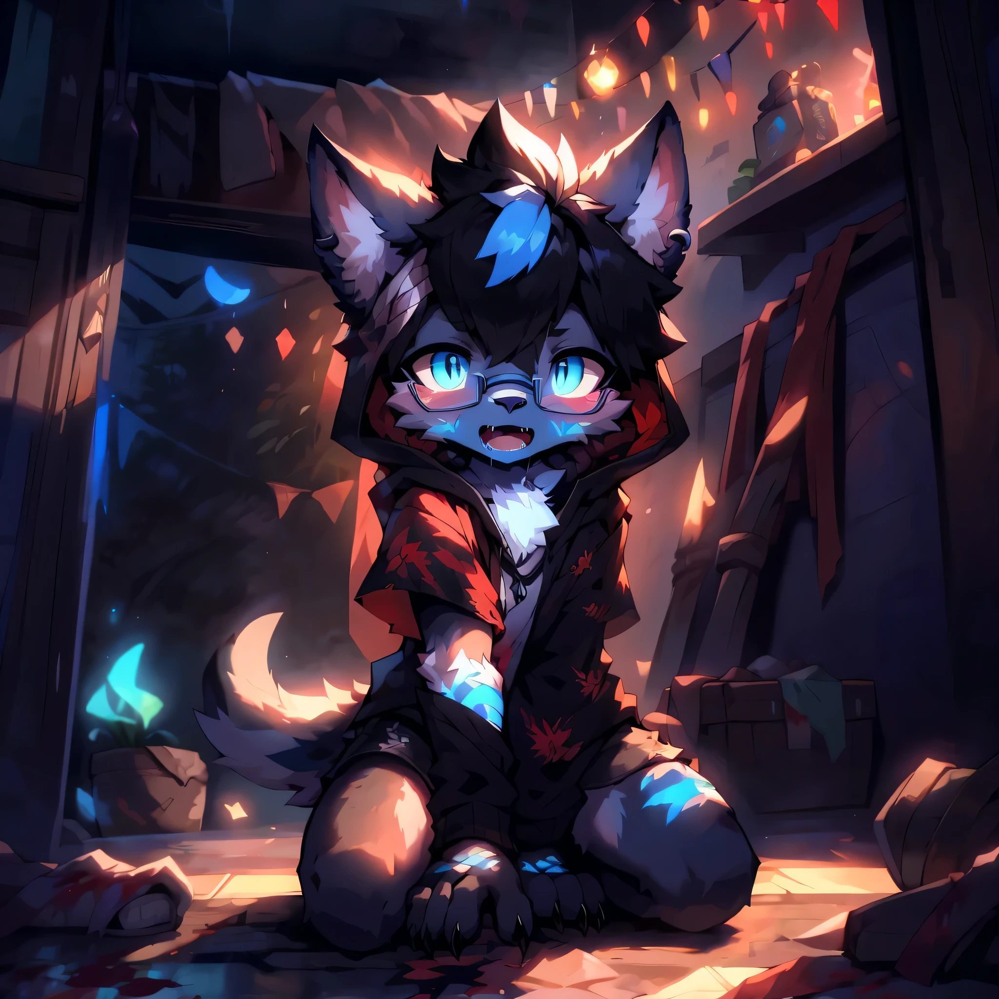 black hair, ahog, vertical pupil, Dark golden glowing eyes, black iris, Crescent earrings, wolf ears, open mouth, fangs, traces of saliva, painful, Humanity, Was changed, Werewolf transformation, blood moon, Humanity, half werewolf, modern bedroom, indoor, midnight, dark environment, Red moonshine, clothing, Over-the-knee shorts, There's blood on the glasses, Neon blue striped black and white hooded sweatshirt, hood down, crooked glasses, Claw marks on arms, bleeding bandage, Half-fingered gloves, There is a bandage on the arm, Half body black hair, fine fur, fur pattern, paw, paw, alone, Handsome, Bleeding bite marks on legs, inner ear villi, ground, fur texture, realistic fur, realistic fur, high detail, movie lighting, Vignetting, ultra high definition, masterpiece, precise, anatomically correct, textured skin, Ultra-detailed, best quality, high details, Award-winning, high resolution, 16k