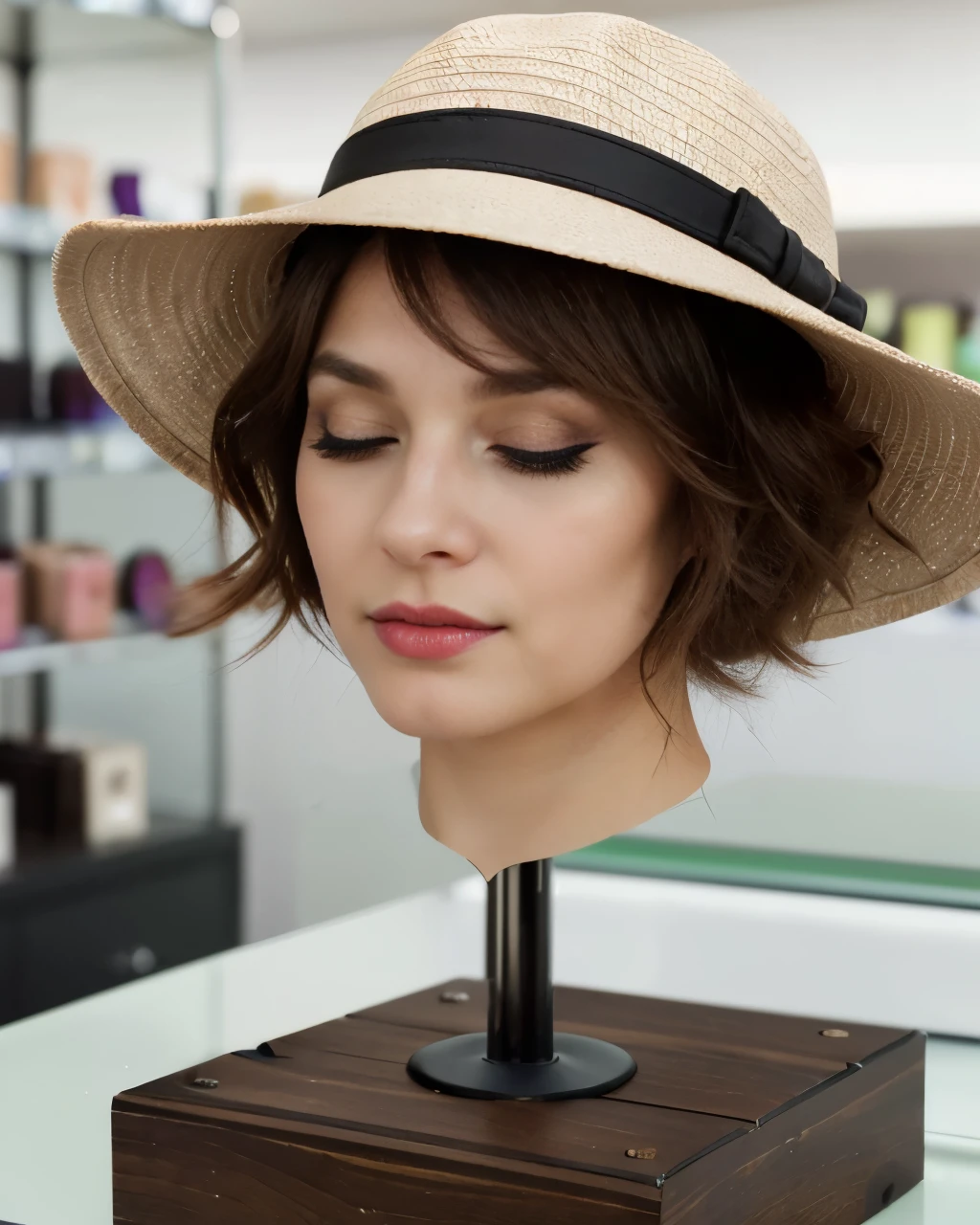 ((disembodied head on store display stand)), beautiful woman, hat, ((wearing makeup)), detailed skin, eyes closed, ((realistic)), realistic lighting, (best image, best quality)