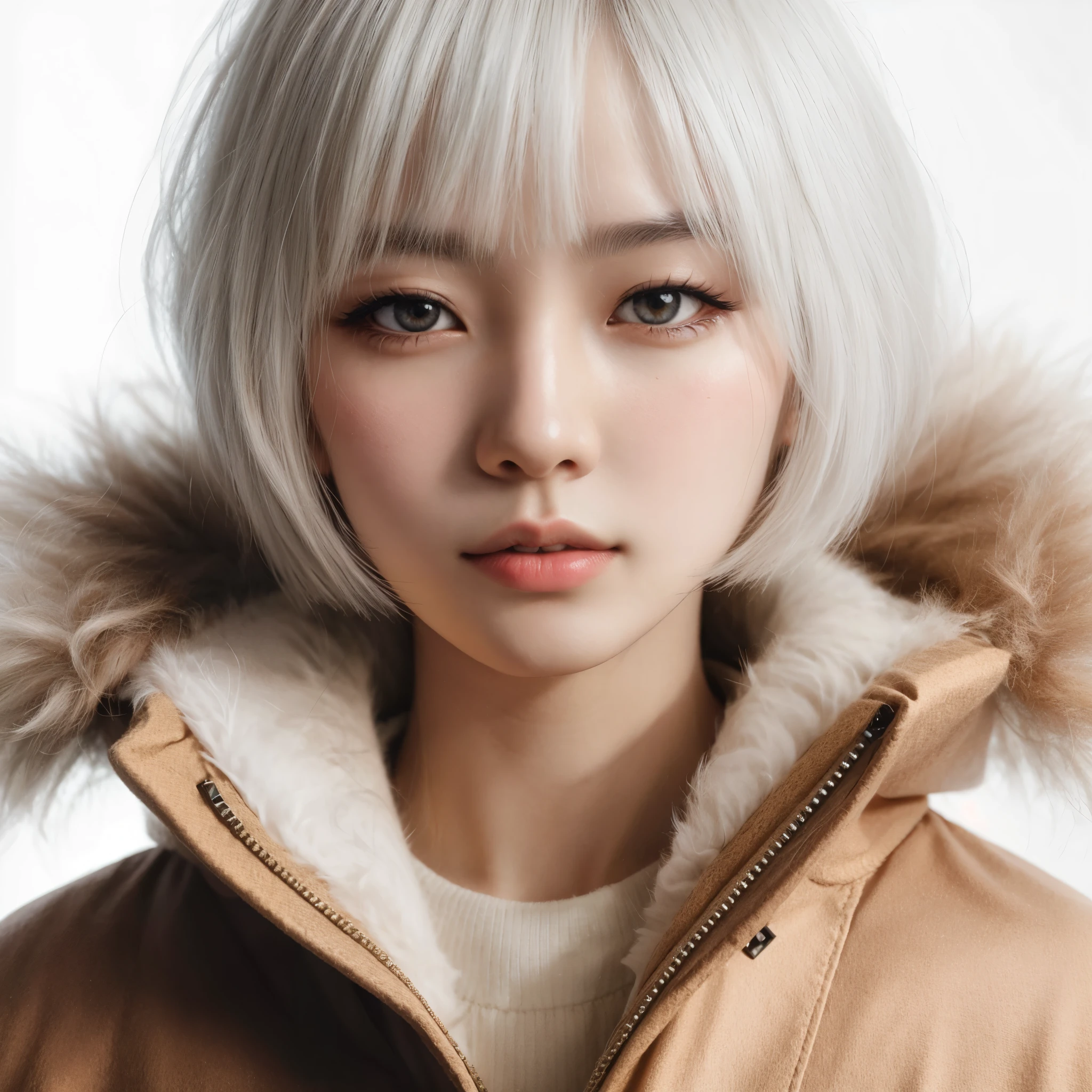 um close de uma mulher com cabelos brancos e uma jaqueta, franja branca, photoRealista anime girl render,  com cabelo branco curto, obras de arte no estilo de guweiz,  com cabelo branco, Realista. Cheng Yi, kawaii Realista portrait, hyper Realista anime, detailed face of an Asian girl, inspirado em Kano Naizen