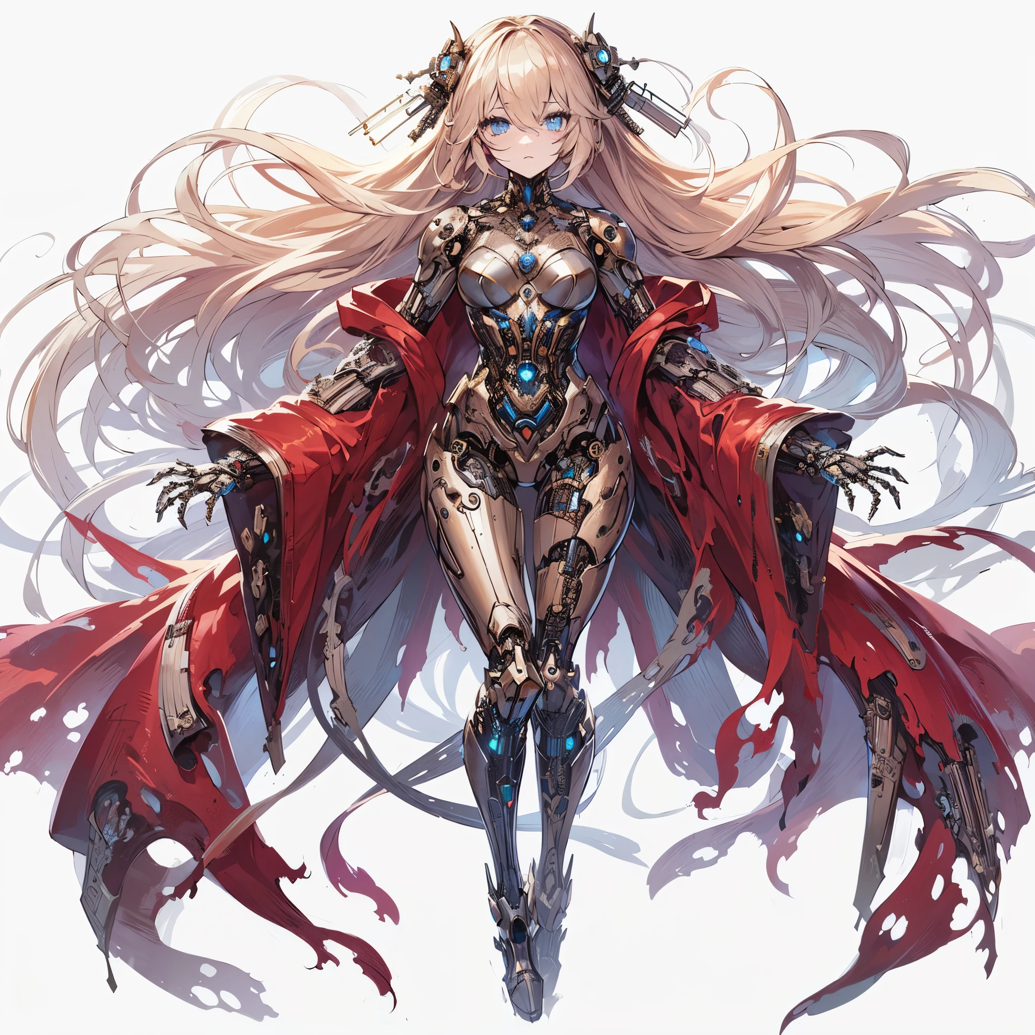 (Masterpiece, best quality), (detailed hair), ultra-detailed, anime style, full body of mechanical undead girl, pale gold hair and glowing ultra-blue eyes, pale steel skin, ragged red robe and fooded, high-heeled boots, digital painting, 8k high resolution, trending art station, white background, whole body, bodybuilder,