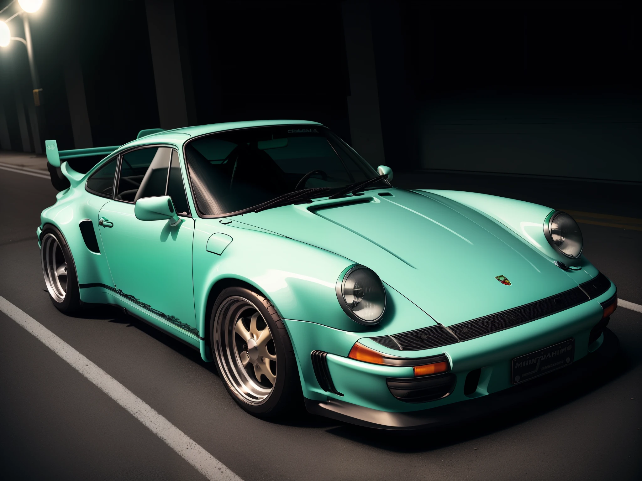 A realistic Mint colored Porsche 911 RWB, featuring an expansive bodykit with sharp edges and lines, large rims gleaming under the bright lights, intricately detailed engine parts visible through the open hood, super detailed textures on the paint surface, high definition rendering, cinematic lighting illuminating every curve and angle, 8K resolution.