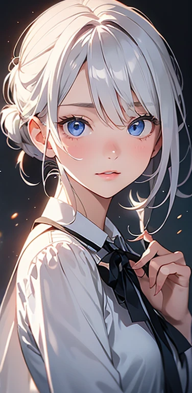 (8K、highest quality、masterpiece:1.2)、Super detailed、super resolution、Realistic、1girl、white hair、blue eyes、(eye focus:1.3,face focus:1.3,upper body:1.5),(gradient eyes:1.3),(blouse,No sleeve:1.3)、(clear face:1.3),cute face,portrait,