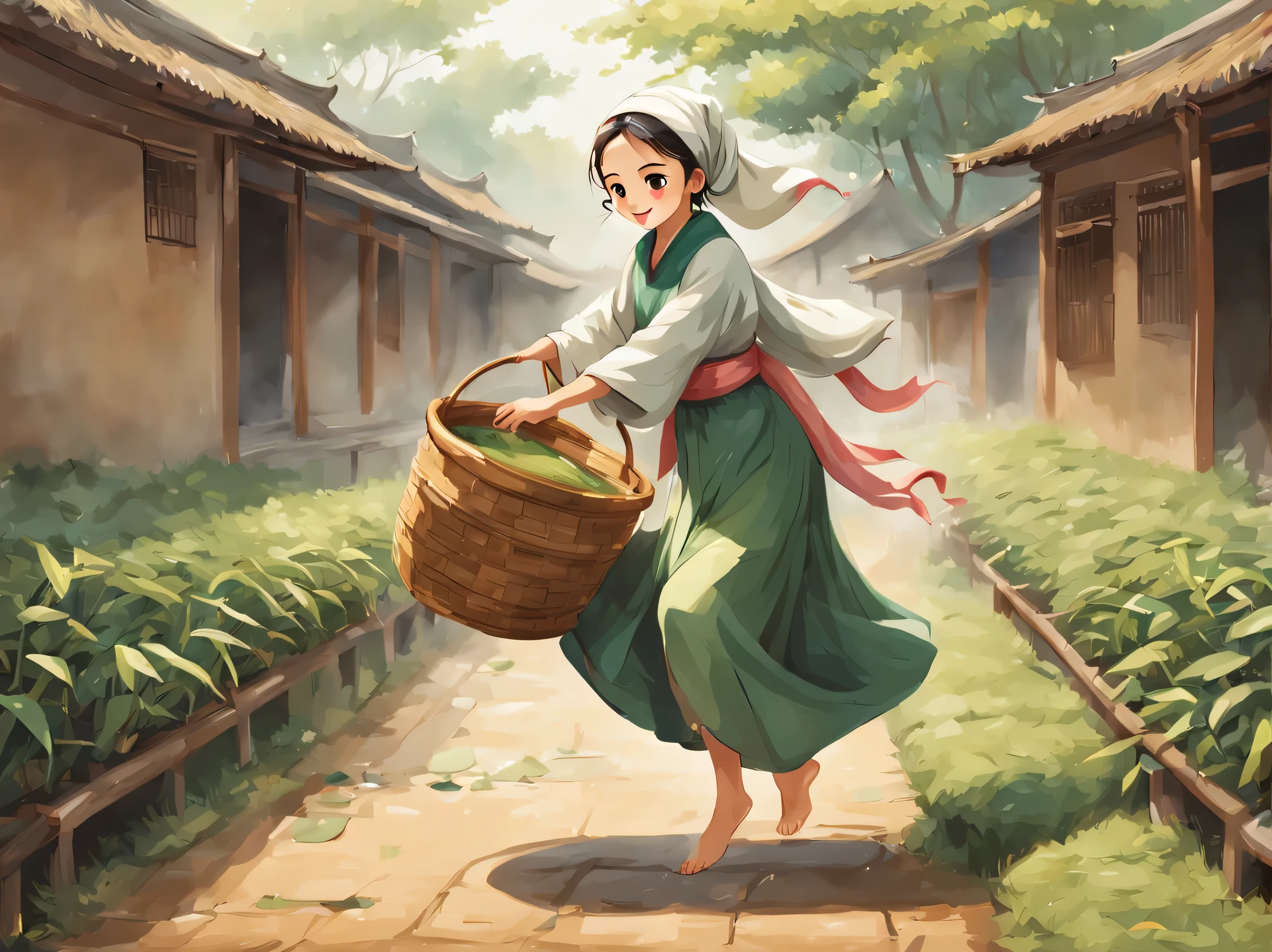 The drying area is covered with tea leaves，girl is stepping on it，dance happily，Carrying a bamboo basket，Two-dimensional characters，Lovely，Working with a headscarf，barefoot，traditional clothing