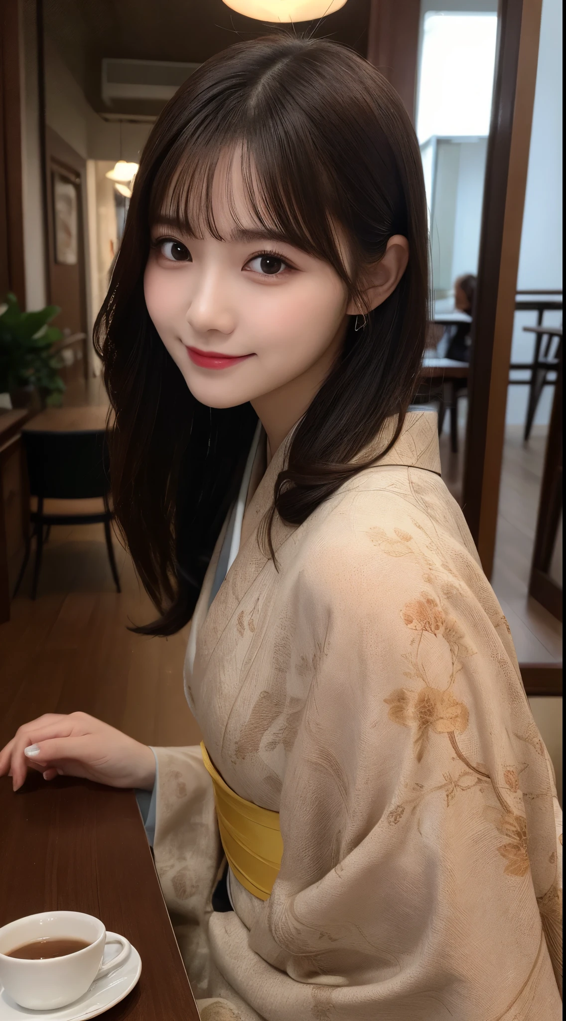 table top, highest quality, figure, super detailed, finely, High resolution, 8k wallpaper, 完璧なダイナミックな構figure, detailed and beautiful eyes, (kimono),natural color lip, sexy pose,smile,20 year old girl、cute、sexy shot looking at camera,background blur,KPOP idol face,Taken at a cute cafe