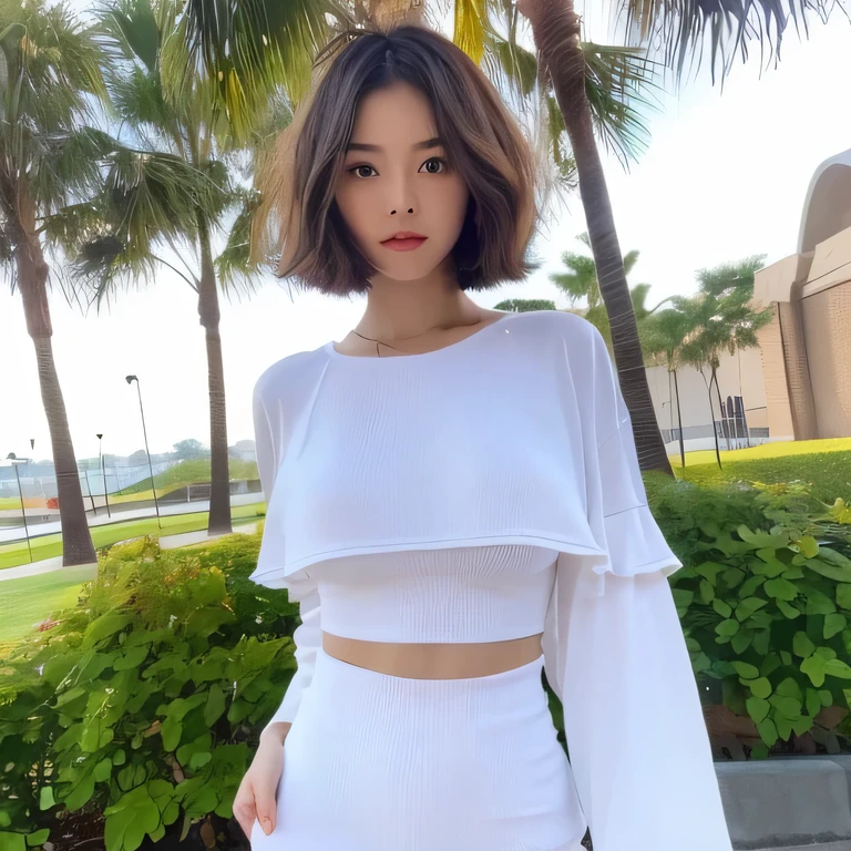 ((highest quality, 8k, masterpiece: 1.3)), concentrated: 1.2, garden, sunny, neat clothes, beautiful feet, perfect body beauty: 1.4, slim abs: 1.2, ((layered haircut, big breasts: 1.2)), ( Highly detailed face and skin texture, fine eyes, double eyelid, double clothes, short clothes: 1.1) , seductive pose: 1.1