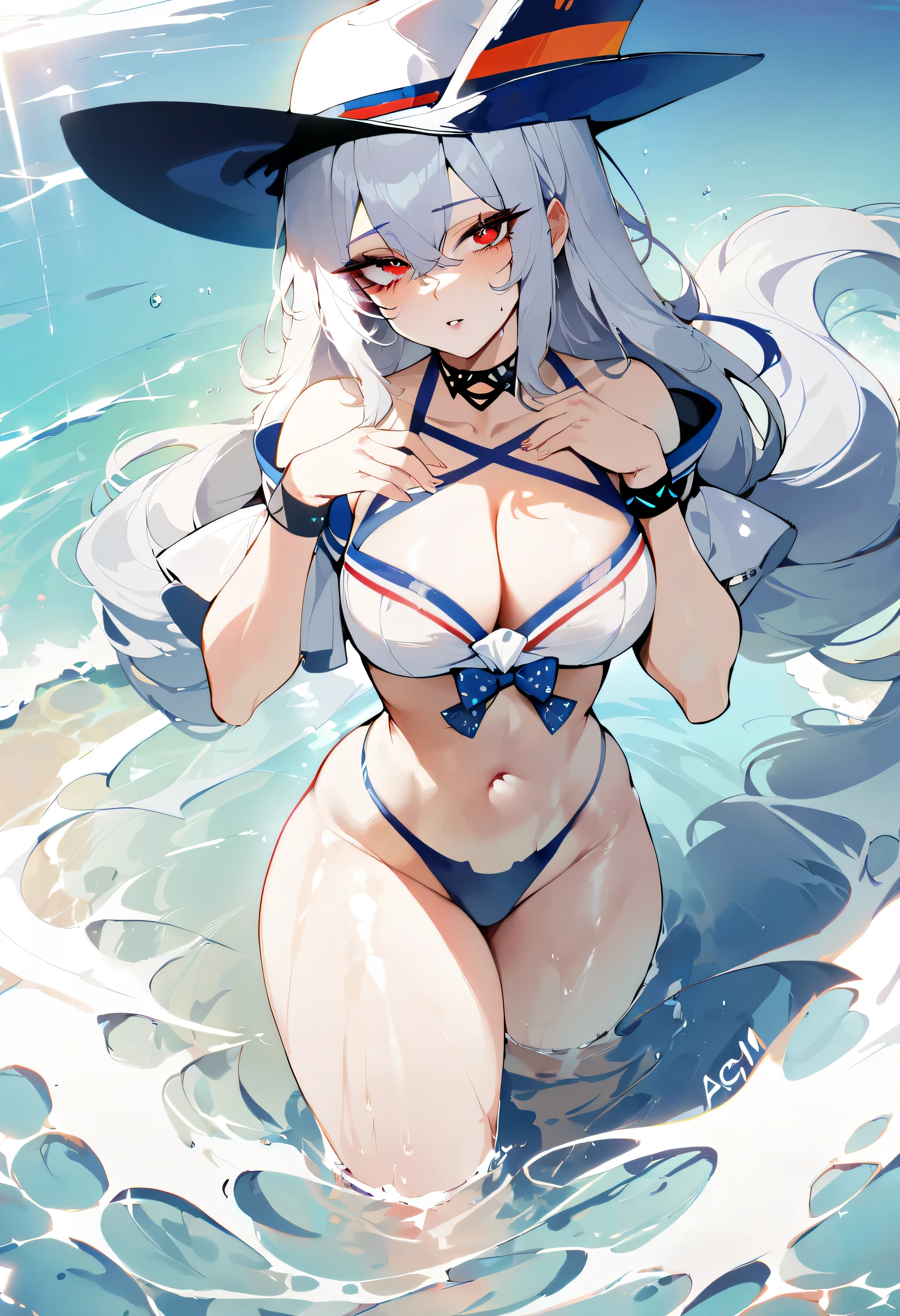 1 girl, Skadi \(Waverider\) \(polar nights\),polar nights,Masterpiece, Best quality), newest,Ideal Anatomy, slender body, |||||| from the nanny, author: omone hokoma agm, Realistic |||||| Red eyes, , It has, in the sea, I'm standing in the water, perfect hands, detailed eyes, преRed eyes,seductive