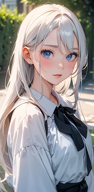 (8K、highest quality、masterpiece:1.uper detailed、super resolution、Realistic、1girl、white hair、blue eyes、(eye focus:1.3,face focus:1.3,upper body:1.5),(gradient eyes:1.3),(blouse,No sleeve:1.3)、(clear face:1.3),cute face,portrait,