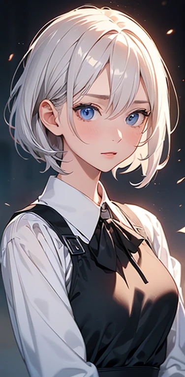 (8K、highest quality、masterpiece:1.2)、Super detailed、super resolution、Realistic、1girl、white hair、blue eyes、(eye focus:1.3,face focus:1.3,upper body:1.5),(gradient eyes:1.3),(blouse,No sleeve:1.3)、(clear face:1.3),cute face,portrait,
