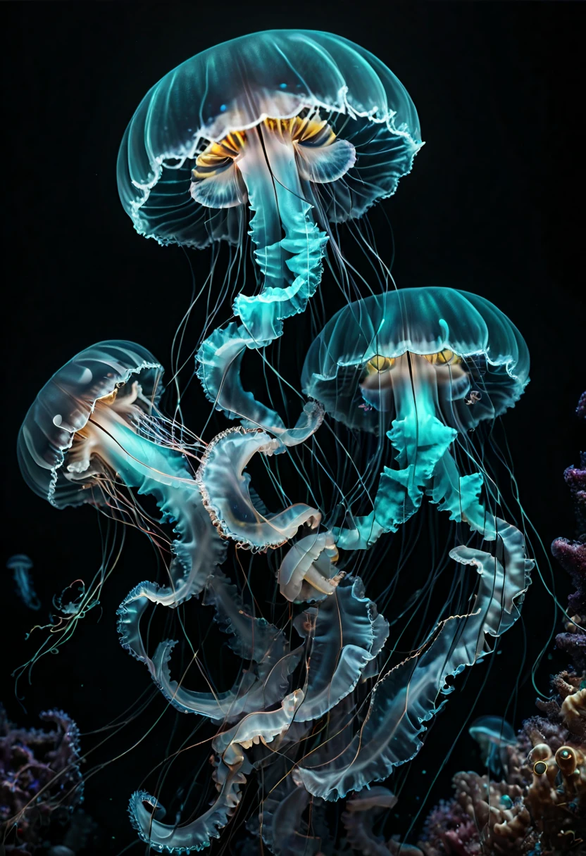 Jellyfish, Capture the ethereal dance of light and shadow in a stunning monochromatic photograph with selective color details, revealing the hidden poetry of Bioluminescence, undersea, (realistic, photorealistic, RAWphoto:1.2), octane render, (best quality, masterpiece, Representative work, official art, Professional, Ultra intricate detailed, 8k:1.3)