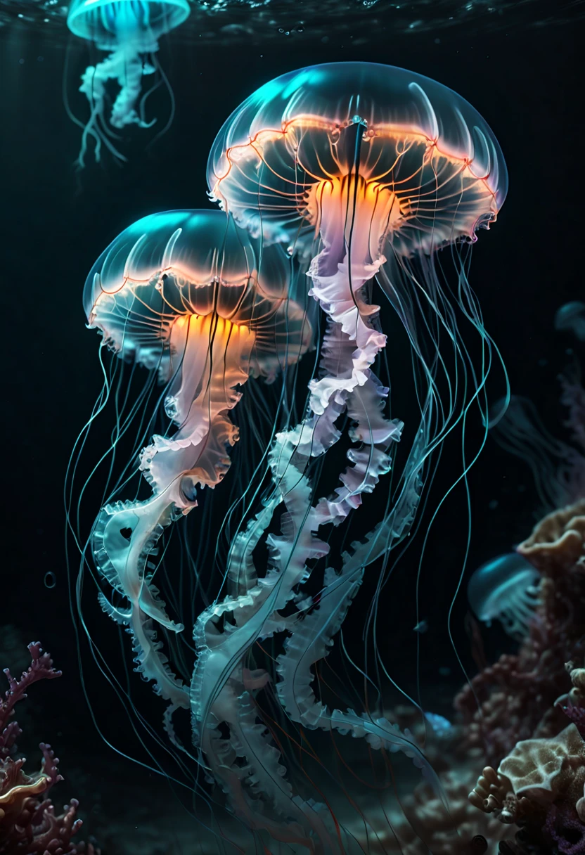 Jellyfish, Capture the ethereal dance of light and shadow in a stunning monochromatic photograph with selective color details, revealing the hidden poetry of Bioluminescence, undersea, (realistic, photorealistic, RAWphoto:1.2), octane render, (best quality, masterpiece, Representative work, official art, Professional, Ultra intricate detailed, 8k:1.3)