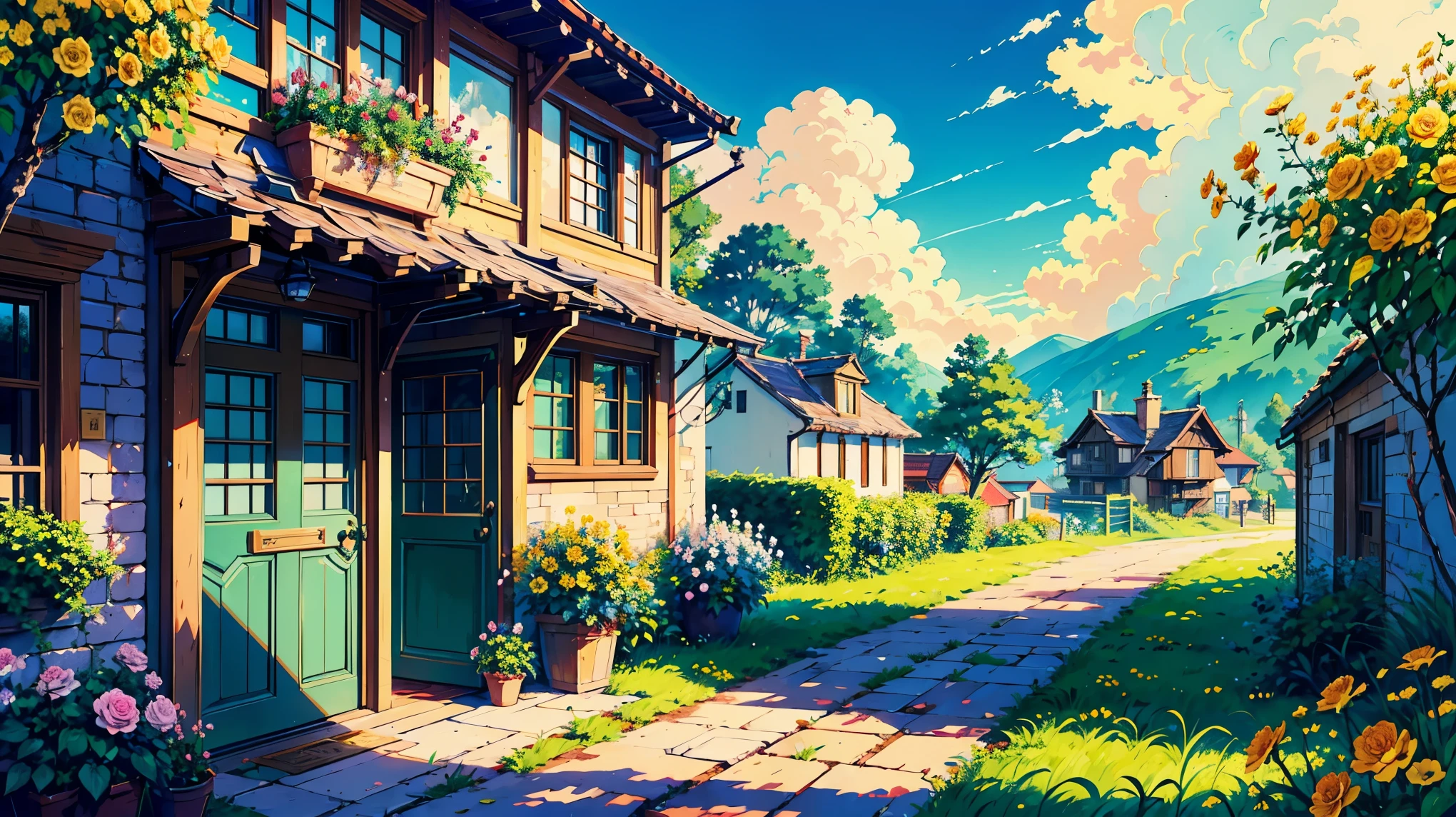 Swiss town，beachside，scenecy，Casa，exteriors，Skysky，janelas，A plant，daysies，grassy，​​clouds，potted，The tree，doors，flower pots，blue-sky，buliding，chimneys，Yellow flowers，Rose flower，in style of hayao miyazaki，