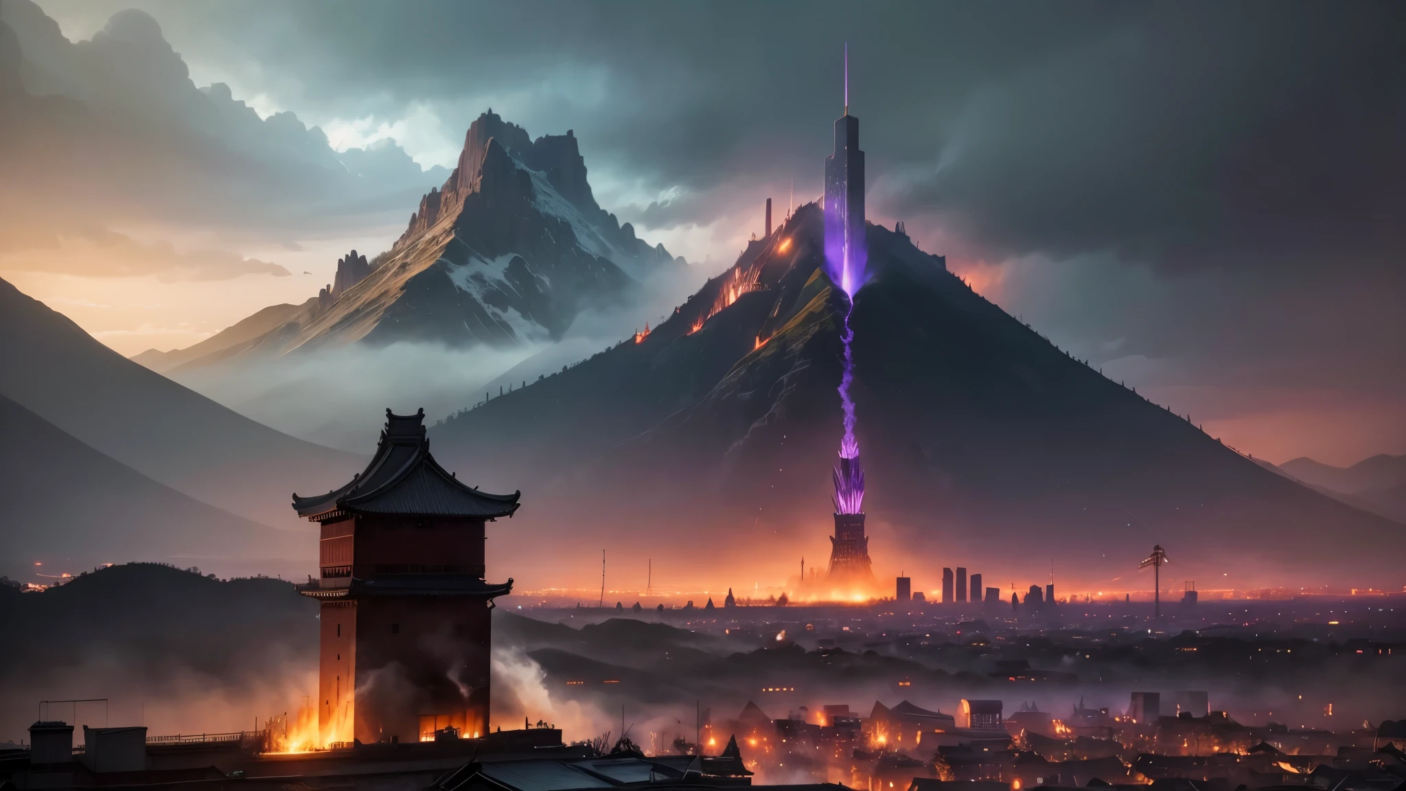 In this cinematic shogun-style town, an eerie glow of purple flames bathes everything in a surreal light. The evening sky is nearly ruined, with the last traces of sunlight casting long shadows across the town. Smoke and dust fill the air, creating an atmosphere of desolation and chaos.

The view is from a slightly lower angle, capturing the somber grandeur of the stone and iron buildings with tiled roofs. The flames flicker ominously, dancing against the darkened silhouettes of the structures. Despite the destruction, a few structures still stand tall, showcasing the resilience of the once-majestic town.

The rain has started again, adding a dynamic element to the scene as droplets fall, shimmering in the purple glow. The reflection of the flames in the wet surfaces of the town creates an otherworldly ambiance. The rain also contributes to the haze in the air, blurring the edges of the distant mountains and the imposing television tower.

The setting sun, obscured by the tumultuous clouds, sends a faint ray piercing through the smoke. This single beam of light highlights the tallest building in town, emphasizing its stature and the destruction that surrounds it. The mountains in the backdrop provide a stark contrast to the chaos in the foreground, creating a sense of isolation and struggle.

This scene captures the essence of a once-thriving shogun-style town now engulfed in a surreal combination of fire, rain, and decay, creating a hauntingly beautiful yet tragic image.





