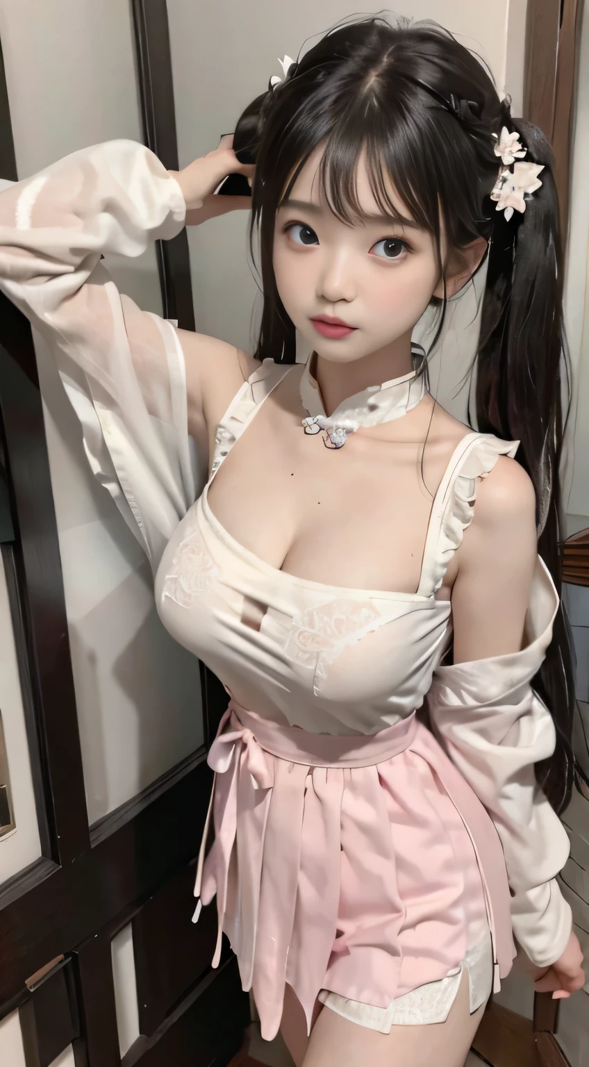 ((masterpiece, Detailed face, fine grain, Detailed anatomy, Oily skin, Fine skin, White skin)),  (masterpiece, 最high quality, high quality, Very detailedな, Very detailed, High resolution, Ultra-realistic, Ultra-realistic, Strong light, photograph, Lighten the topic, Perfect Face, Cute face), A human-sized doll that looks 18 years old, Display on the wall, At the residence, (Large Breasts:1.5), Short skirt, (topless), Small panties、Knee-high stockings、Fine details, Realistic nose, Beautiful Eyes, Realistic Face, Some are very beautiful, The others are very cute, Old man staring, He admires the doll 