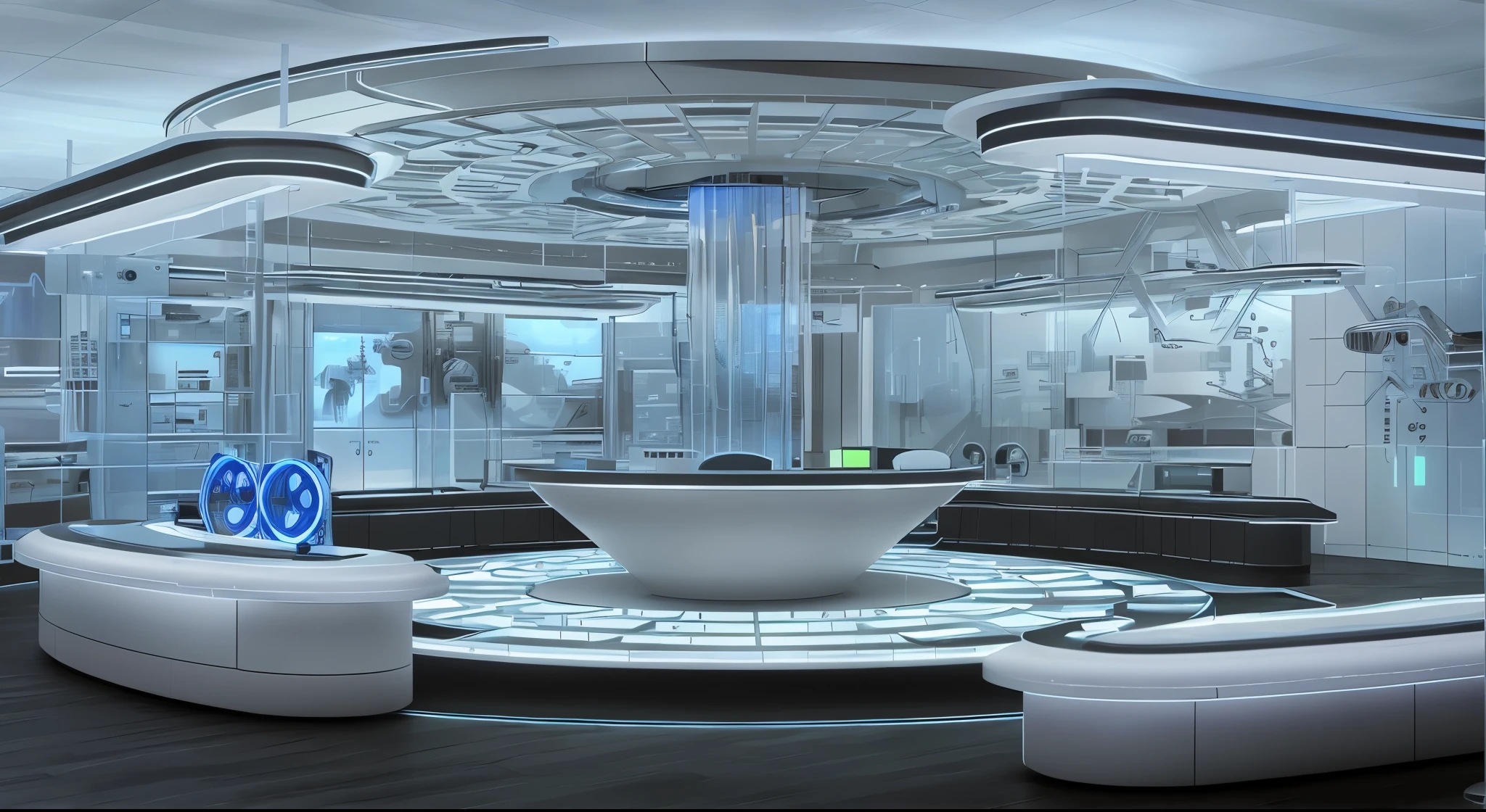 Alafard rendering of a futuristic office, ray traced 3D set design, Futuristic Lab, futuristic science laboratory, Virtual Sets, detailed set design, SF Interior, futuristic production facility, showroom scene, space station interior, science fiction setting, science fiction setting, tv studio, futuristic chemistry laboratory, set design, Futuristic Lab room