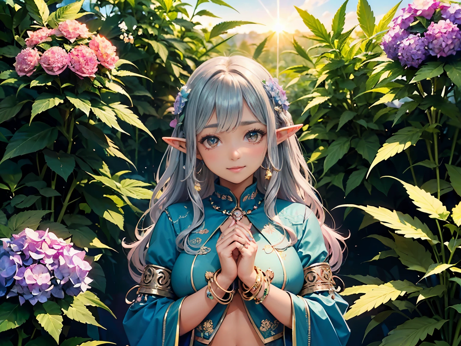 ((very short and plump ((dark-skinned)) (very small breasted) beautiful elf mother with mystical sigil henna tattoos on arms and chest)), ((pastel babyblue wavy hair)), big and transparent tulle, (wearing ornate jeweled golden armlets and bracelets and anklets), sexy and seductive, great beauty, delicate and beautiful face, full body portrait, big eyes and big round nose, absolutely beautiful face, cute embarrassed smile, basking in the nature of life, ((sunrise shining above hydrangea and cannabis flowers and cannabis tree forest))