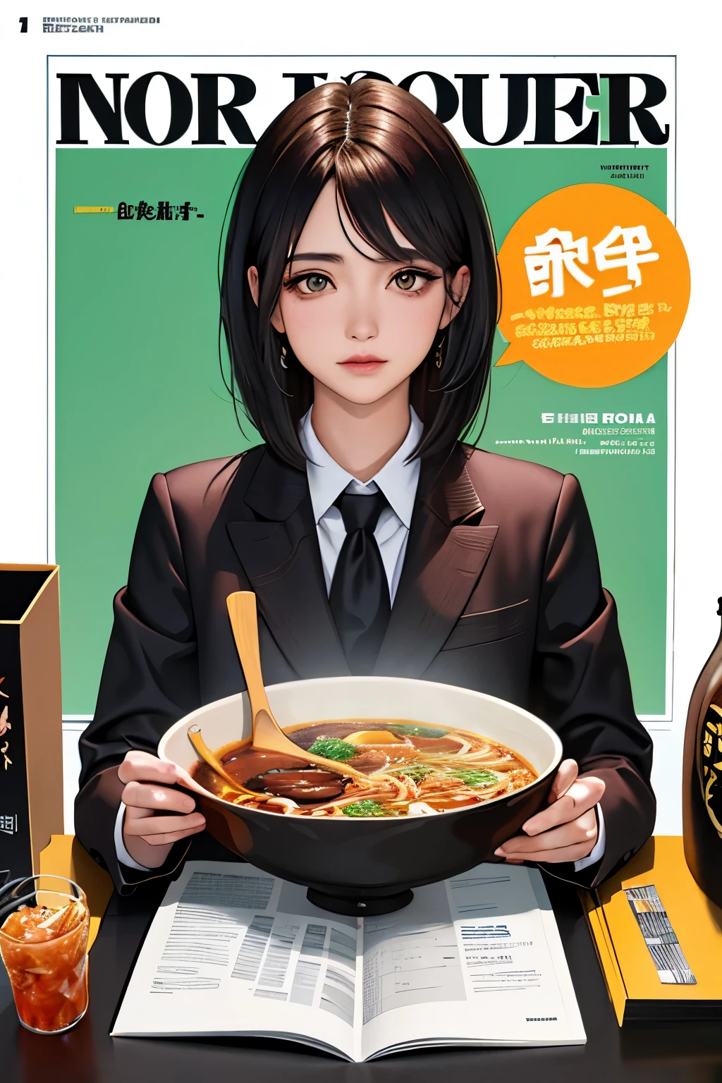 Obra maestra, Mejor calidad, traje de primavera, cabello colorido, exterior, portada de revista ,parte superior del cuerpo, COVER A MAGAZINE with the TEXT "TESTING THE WORLD" A delicious feijoada ramen dish