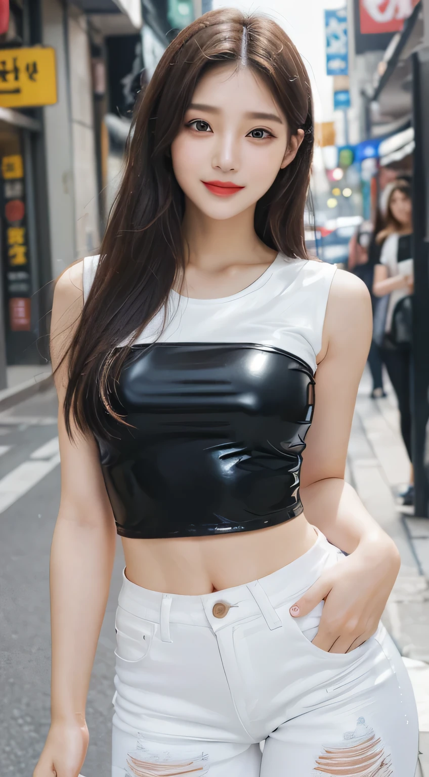  (The background is blurry), 1 girl, (19 years old, 한국 1 girl:1.2), alone, Beautiful girl from Korea, (white latex skin: 1.3), clean face, (slim body), (healthy body), attractive body, Abs, long neck, tall, (big bust:1.2), (Magic), straight hair, soft hair. flawless skin, shiny lips, narrow waist and wide pelvis, (sharp and small face), Round Eyeline, (Long and beautiful eyelashes), (Open your lips), ((beautiful face)), big eyes, double eyelid, flushing, red lips, fragile face, real skin, happy face, (11번 Abs), ((big bust)), apple butt, laugh, Cute face, long neck, narrow shoulders, laugh, (((white short sleeveless:tight ripped jeans) ))), red sneakers, (dynamic pose), Getting on foot, (Jam-sil, seoul, busy street), 