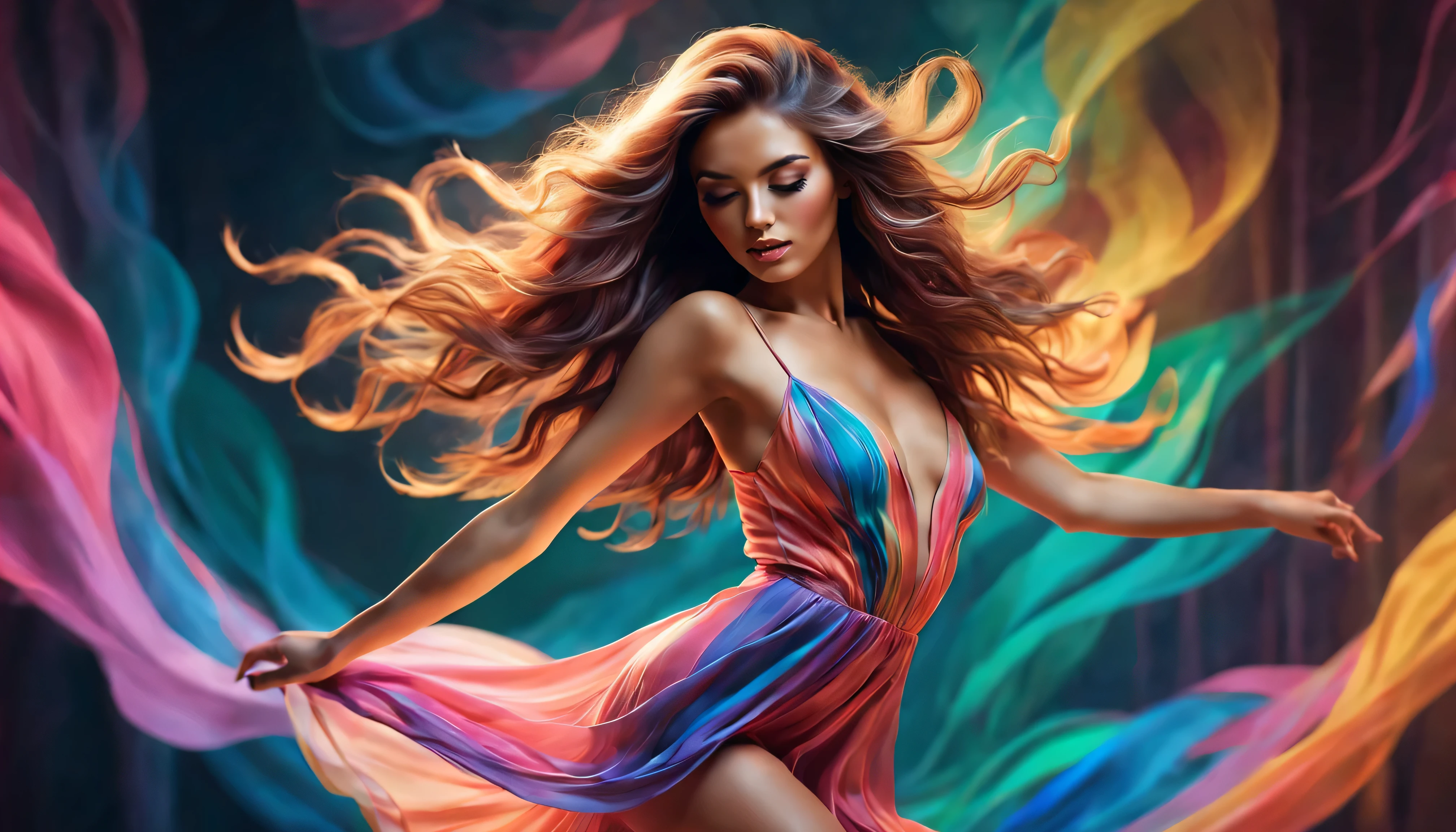 beautiful woman with flowing hair, Dancing sensually, usando um vestido curto justo, in a romantic and vibrant scene. The woman's gaze is seductive and her makeup is soft. The artwork is in the style of sweet love, com uma paleta de cores vibrantes. Lighting creates a dreamlike atmosphere, destacando a beleza da mulher. The image is of the highest quality, with 8K resolution, enabling ultra-detailed and realistic rendering.