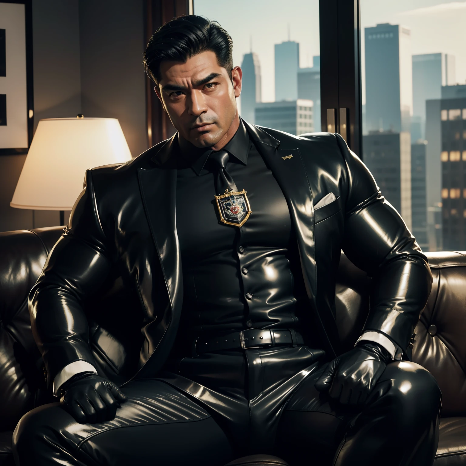 30 years old,daddy,"shiny suit ",Dad sat on sofa,k hd,in the office,"big muscle", gay ,black hair,asia face,masculine,strong man,the boss is,handsome,,leather gloves,lecherous dad,look straight ahead,dad is handsome,dad is handsome ,dad is "horny dad"