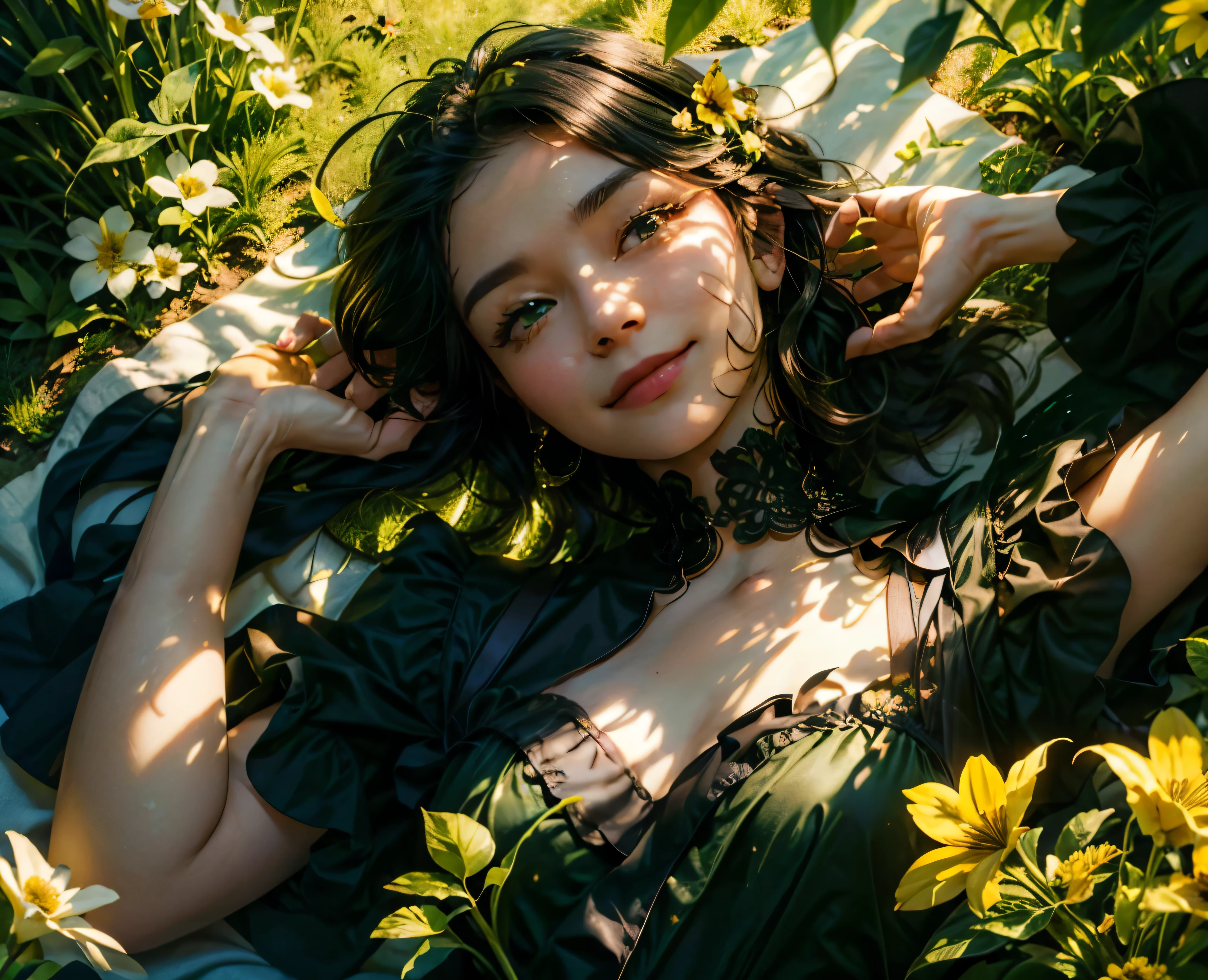 (linda mulher deitada em flores, arms over head), sorridente, Aerial shooting, cabelo preto, olhos verdes, rosto deslumbrante, vestido verde, Aerial shooting, feixe de luz solar em seu rosto, holofote amarelo, (perfect hands)